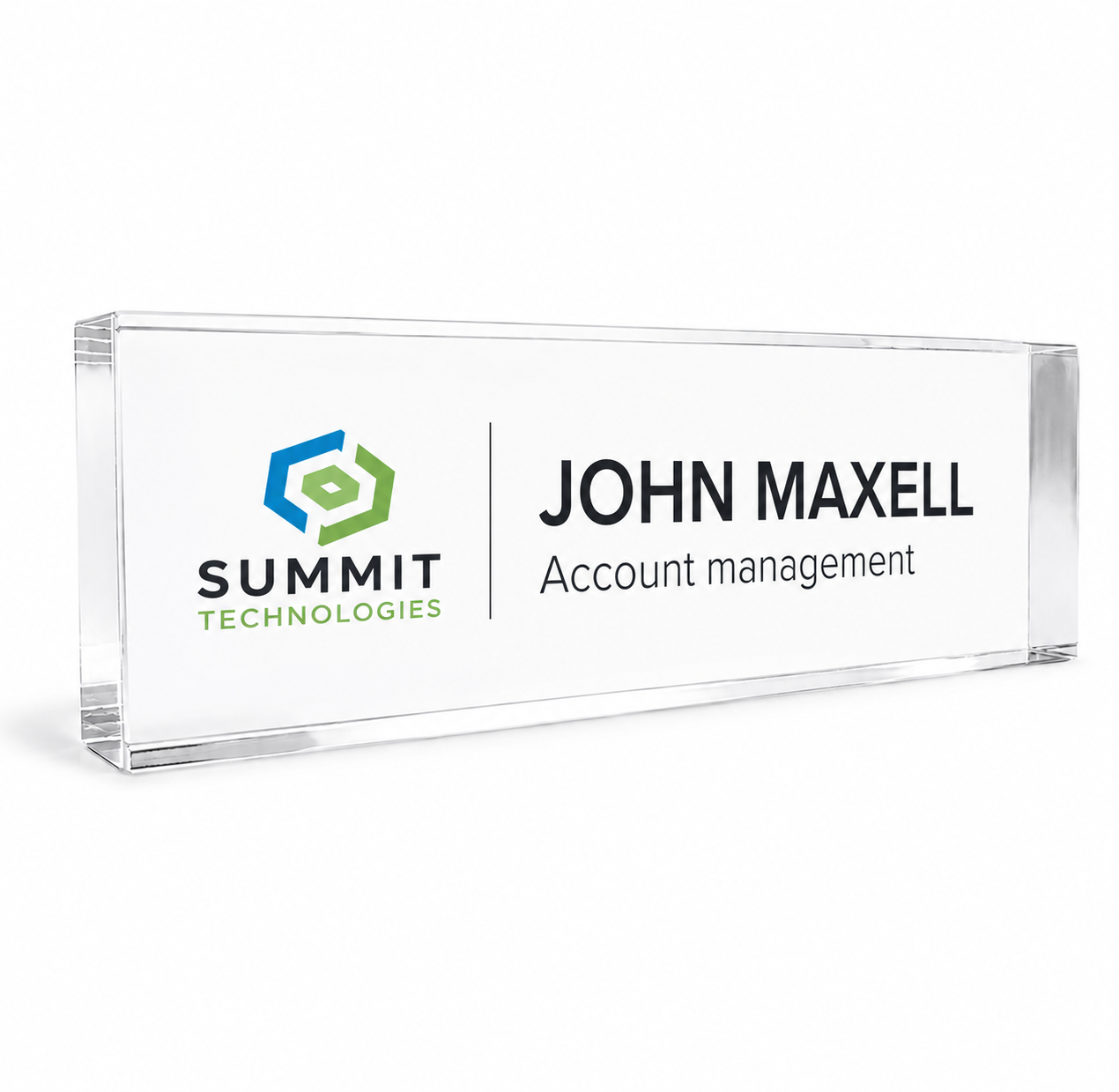 Custom acrylic desk name plate with full-color company logo and personalized employee name title. Modern freestanding office signage for corporate desks, reception areas, executive offices, business branding, and professional workspaces.