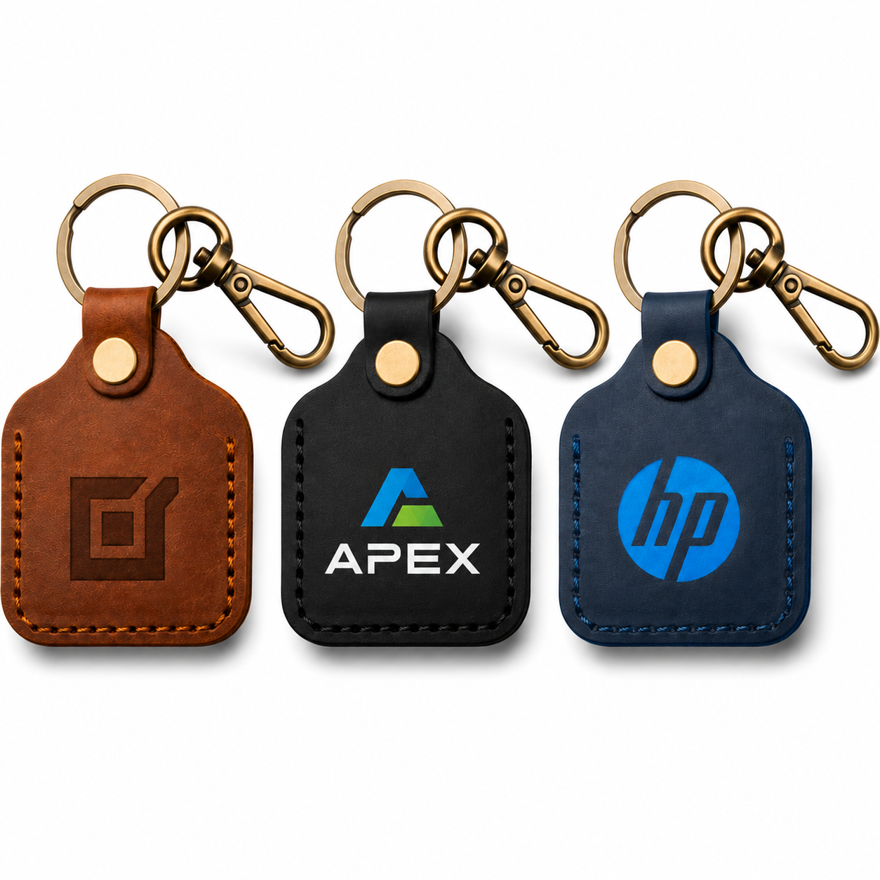 Custom leather AirTag holder keychains with engraved and full-color company logo branding in multiple colors. Personalized AirTag holders for corporate gifts, promotional products, employee appreciation, trade shows, and business giveaways.