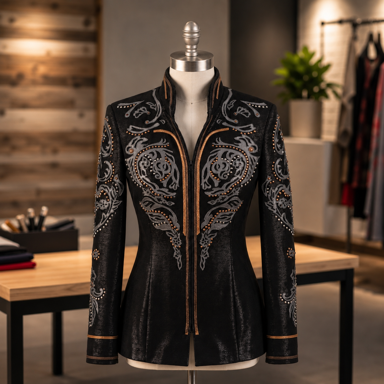 Black jacket with intricate silver and gold embroidery and embellishments displayed on a mannequin in a clothing store.