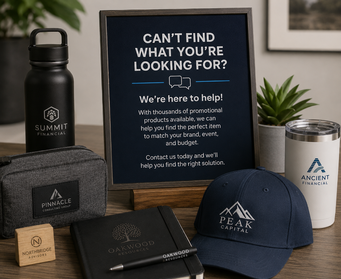 Custom branded promotional products display featuring tumblers, notebooks, hats, and gifts with “Can’t Find What You’re Looking For?” sign