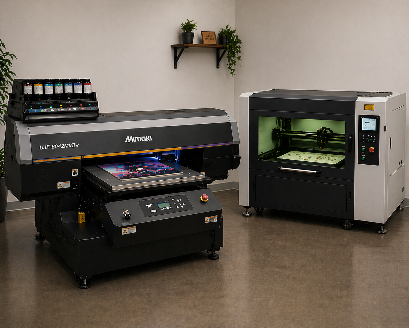 UV printing and laser engraving machines in a clean workshop used for custom product engraving and full-color printing