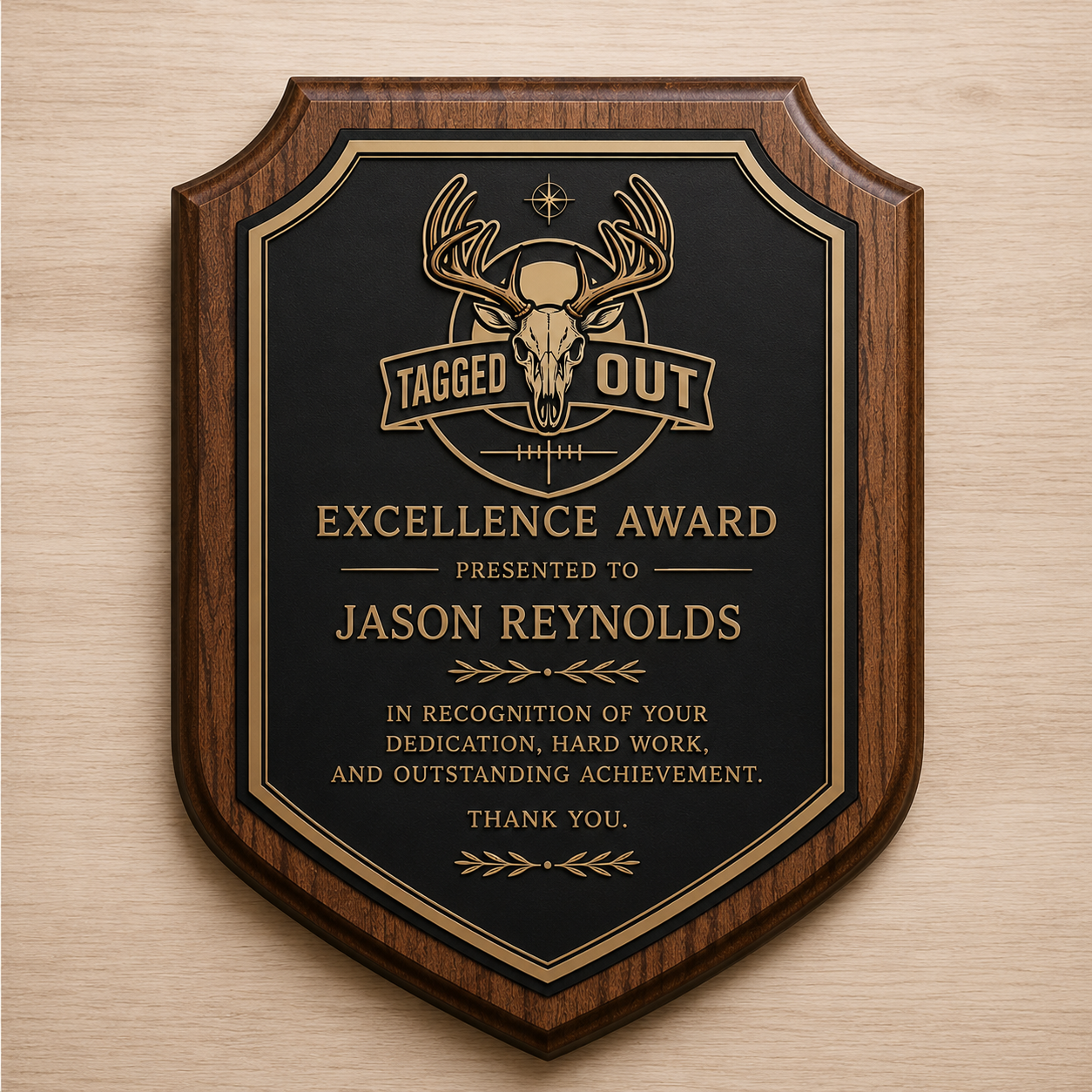 award plaque featuring deer skull artwork, engraved recognition text, and rustic wood shield design for outdoor achievements.