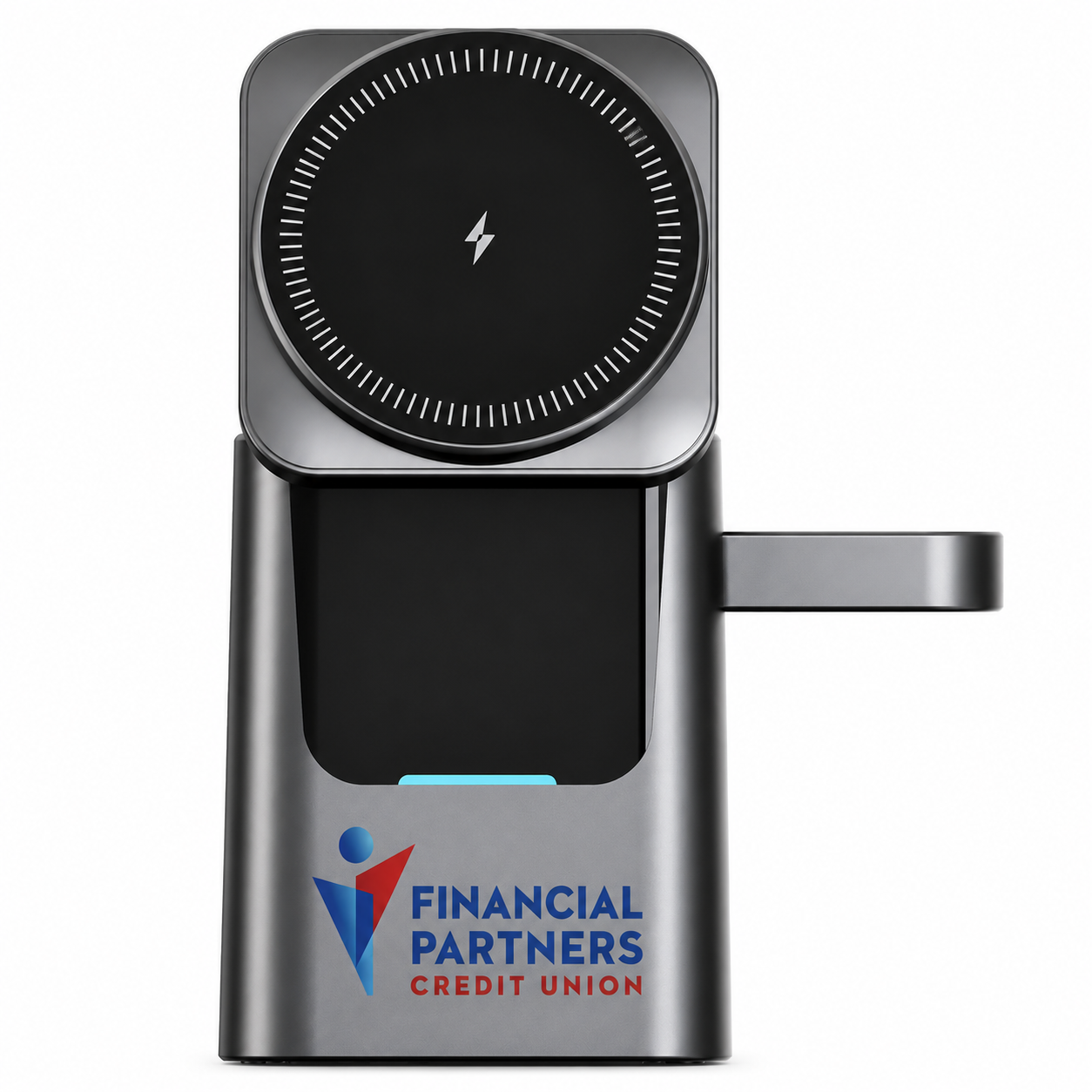 Custom 3-in-1 wireless charging station with full-color company logo branding for desks and offices. Personalized wireless chargers for corporate gifts, employee appreciation, promotional products, trade shows, and business marketing.