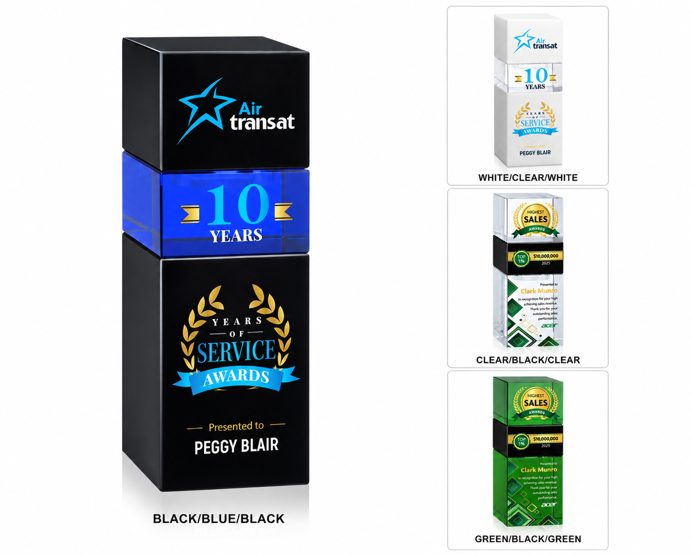 Three stacked cubes celebrating a 10 years of service awards for Peggy Blair, with different color themes: black/blue/black, white/clear/white, clear/black/clear, and green/black/green.