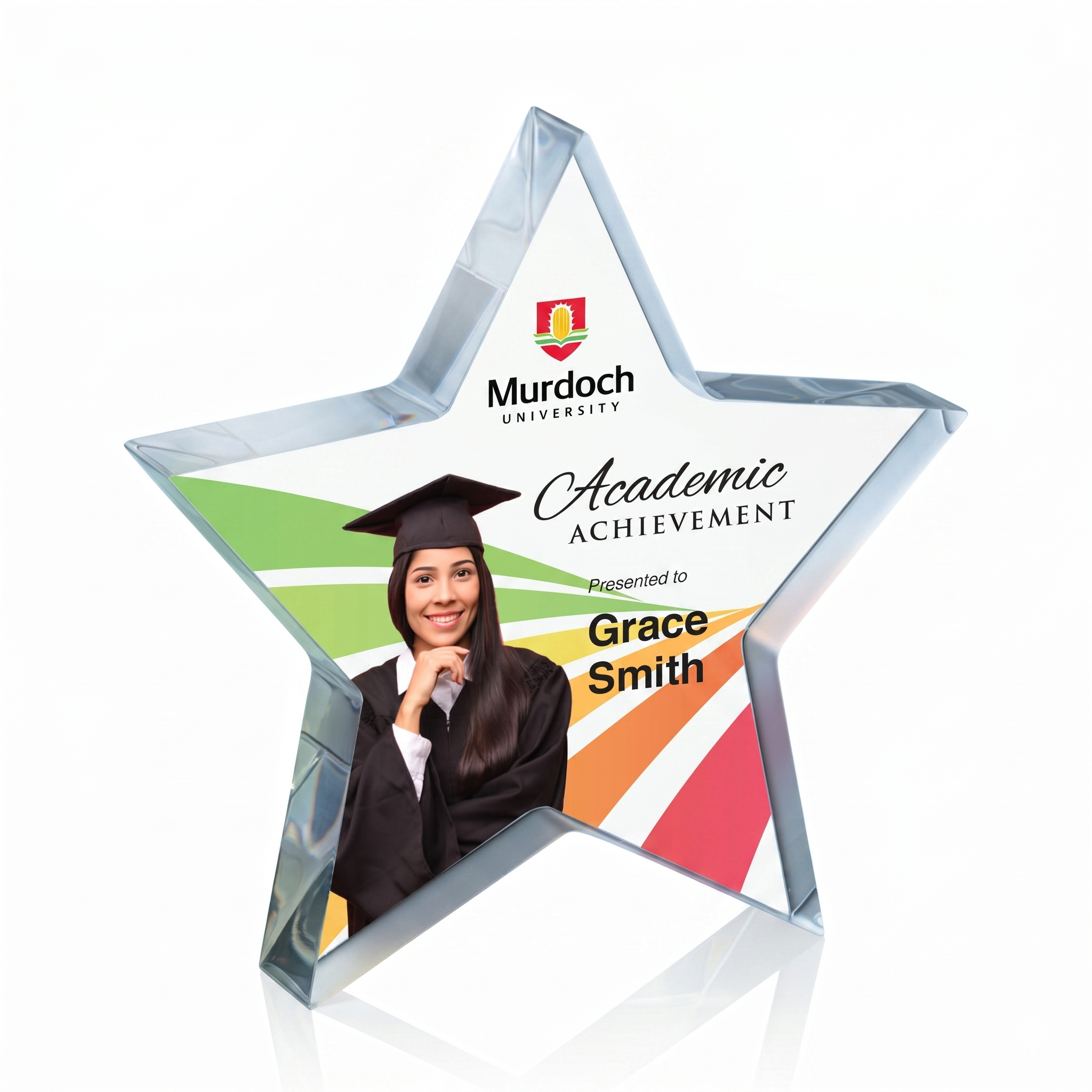 A paper certificate with the words "Academic Achievement" and a photo of a young woman in a graduation gown and cap, with the name Grace Smith. The certificate features a colorful background with rainbow stripes.