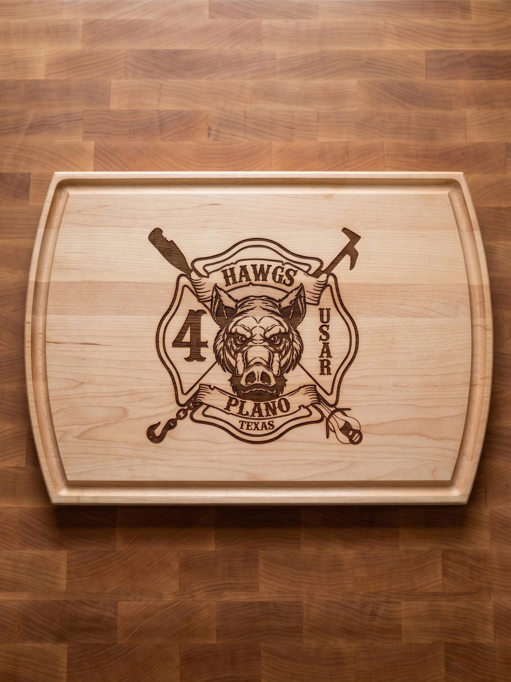 Custom engraved wooden serving tray with firefighter logo, handcrafted personalized gift made in Texas.