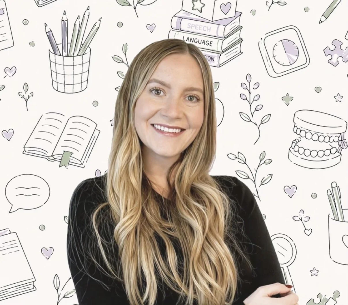 A woman with long blonde hair smiling, wearing a black top, in front of a background filled with line drawings of books, pencils, leaves, a clock, a jar with pens, a speech bubble, a puzzle piece, a container of jewelry, and small hearts and stars.
