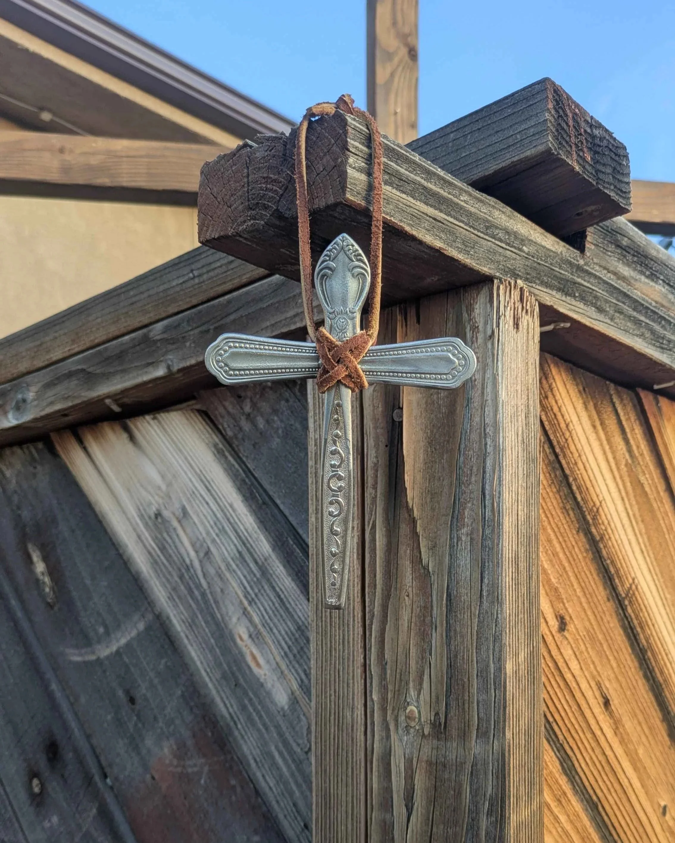 Silverware Cross, Brown Leather Wrapped