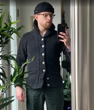  A cardigan I knit from a 1920s pattern. (This photo is from before blocking.)