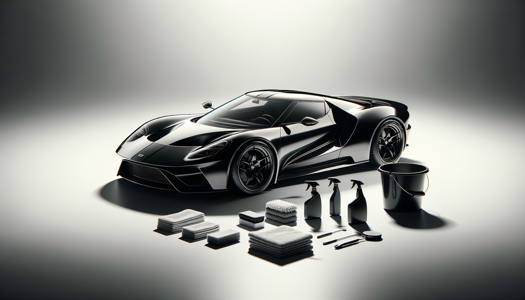 A black luxury sports car surrounded by car cleaning supplies including spray bottles, sponges, and microfiber towels on a plain background.