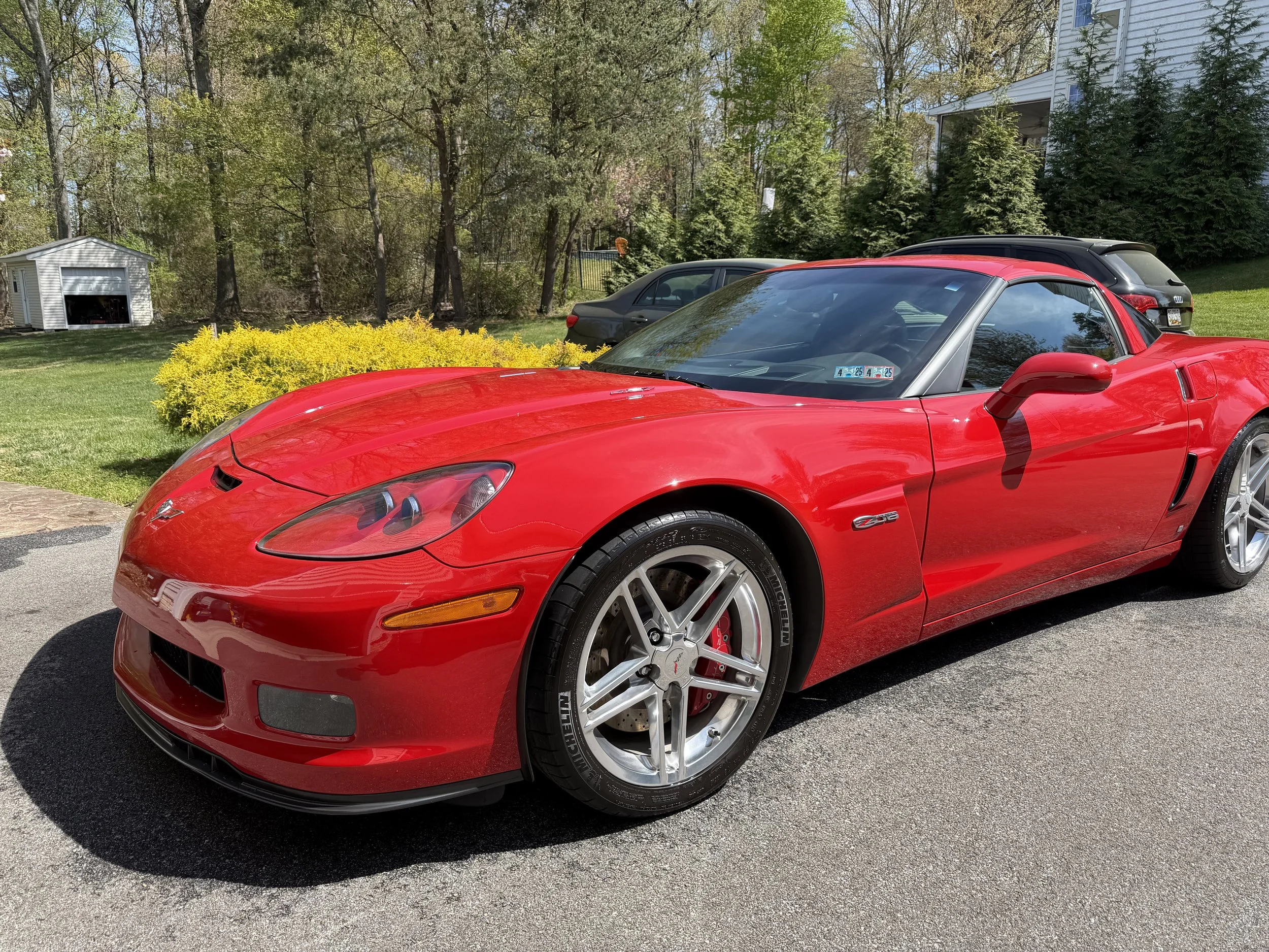 Red sports car parked on driveway with trees and bushes in the background.