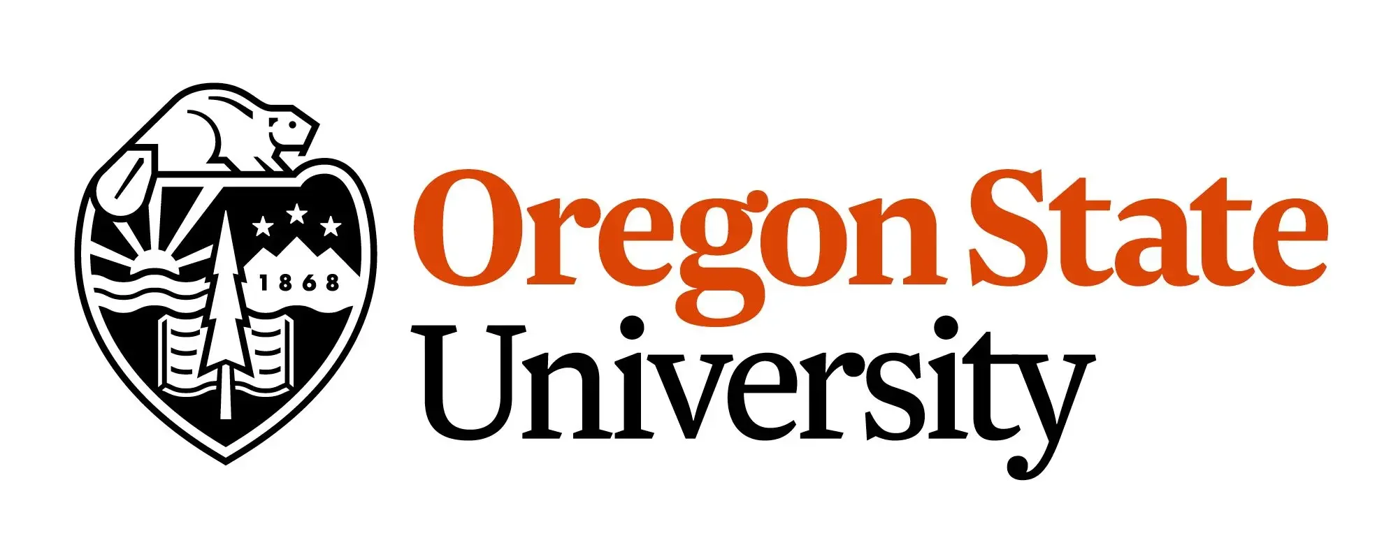 Oregon State University logo with a shield featuring a bear, trees, mountains, and waves, and the university's founding year 1868.
