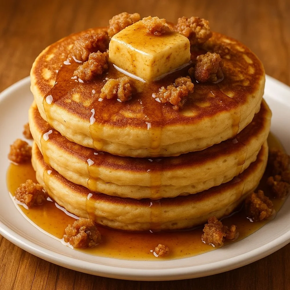 Stacked pancakes topped with a pat of butter, syrup, and crumble topping, served on a white plate.