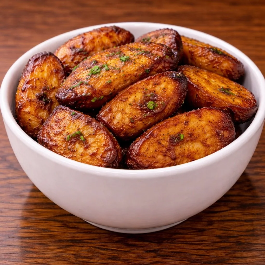 A bowl of glazed fried plantains garnished with chopped herbs on a wooden surface.