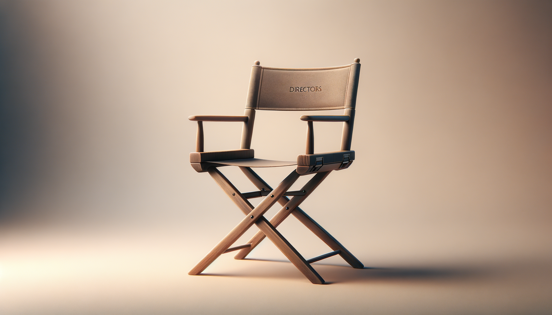 Wooden director's chair with beige fabric backrest that has the word "DIRECTORS" embroidered on it, set against a neutral background.