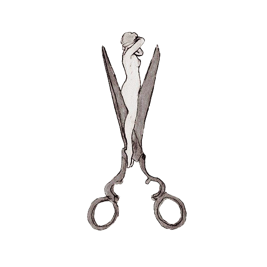 Black and white illustration of a female figure with scissors, with the blades forming part of her body, resembling a pair of scissors.