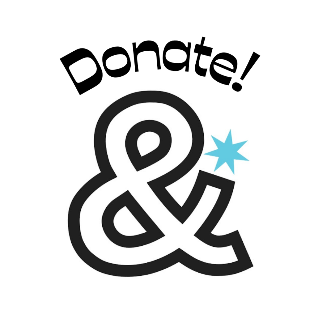 Illustration of website Seed&Spark with the word 'Donate!' above a large ampersand symbol and a blue starburst.