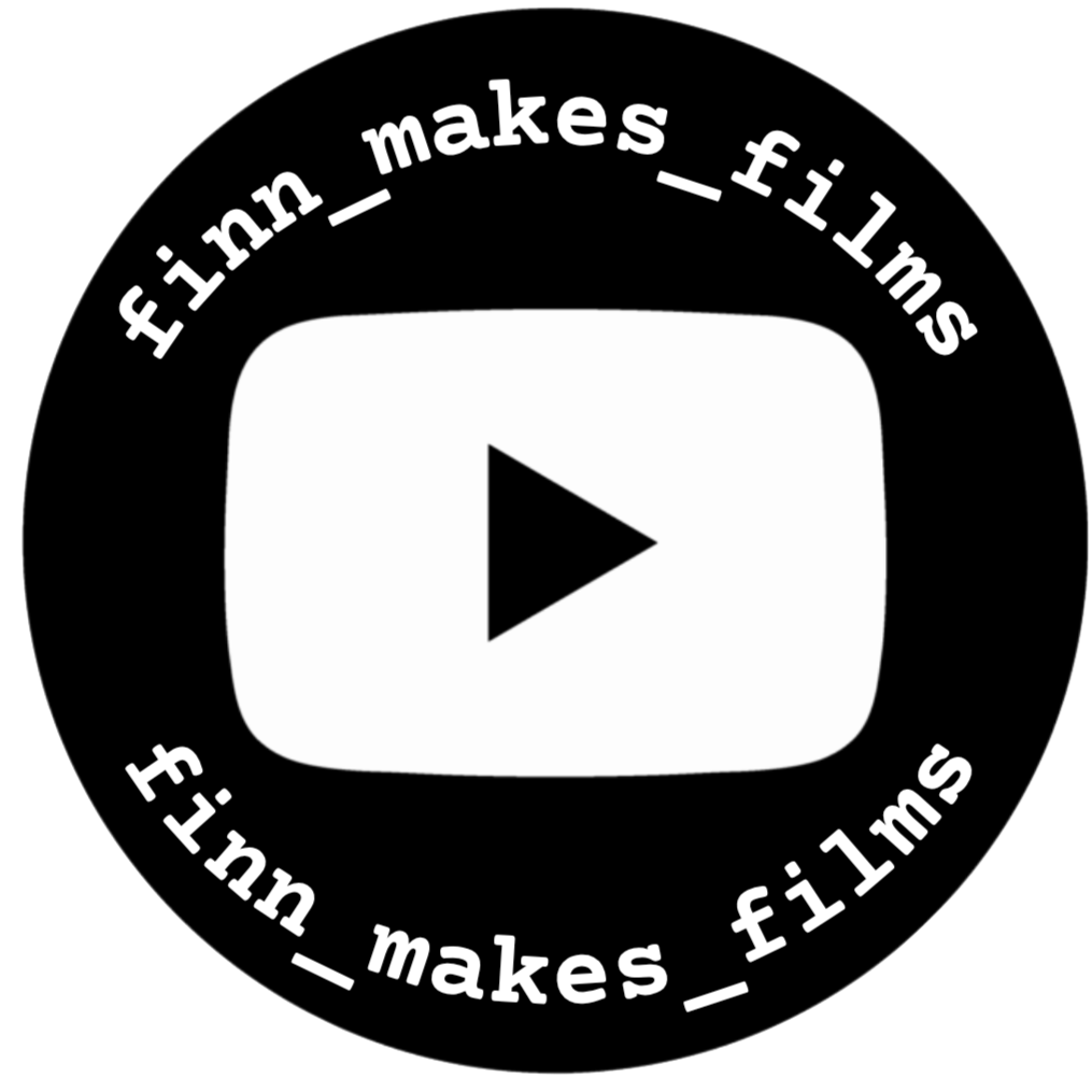 Black circular logo with a white play button symbol in the center. Around the circle's edge, the text reads finn_makes_films repeated twice.