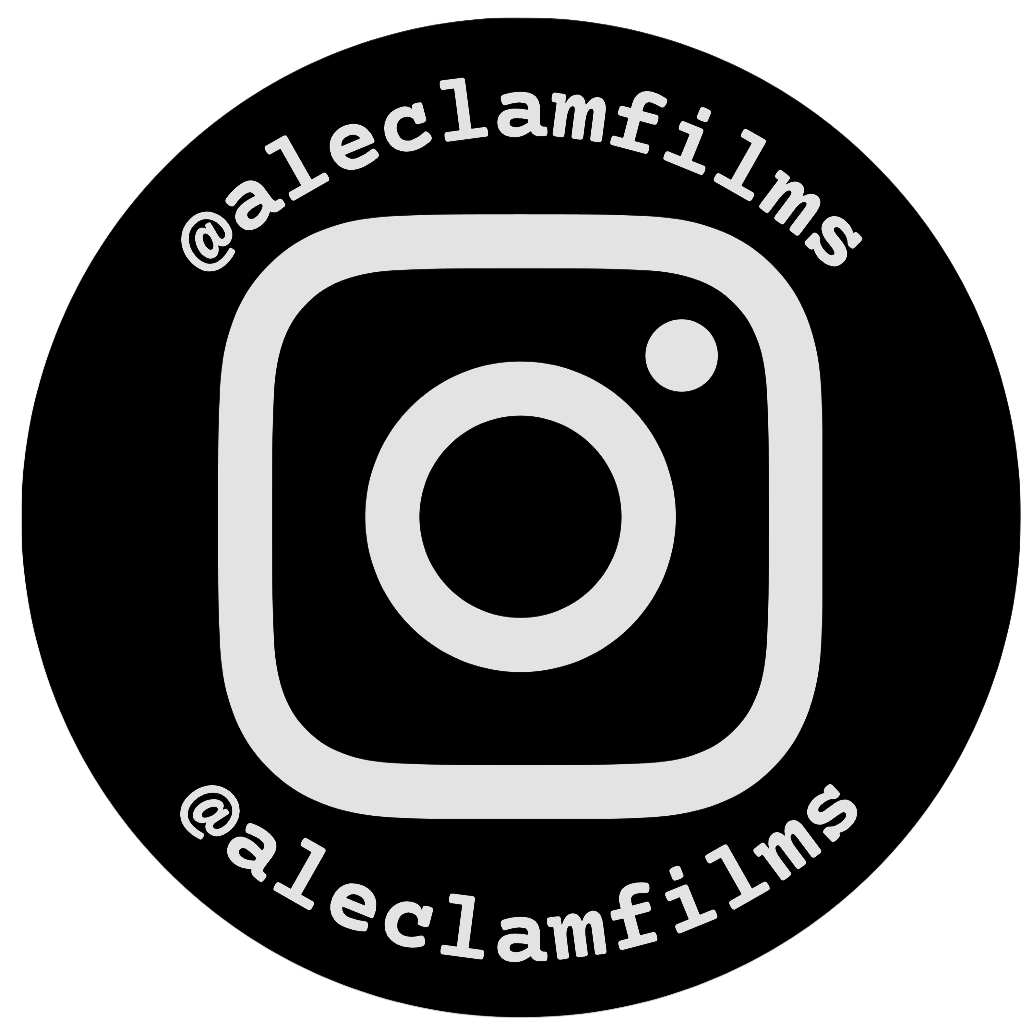 A circular black sticker featuring a white Instagram logo and the text @aleclamfilms repeated twice around the edge.