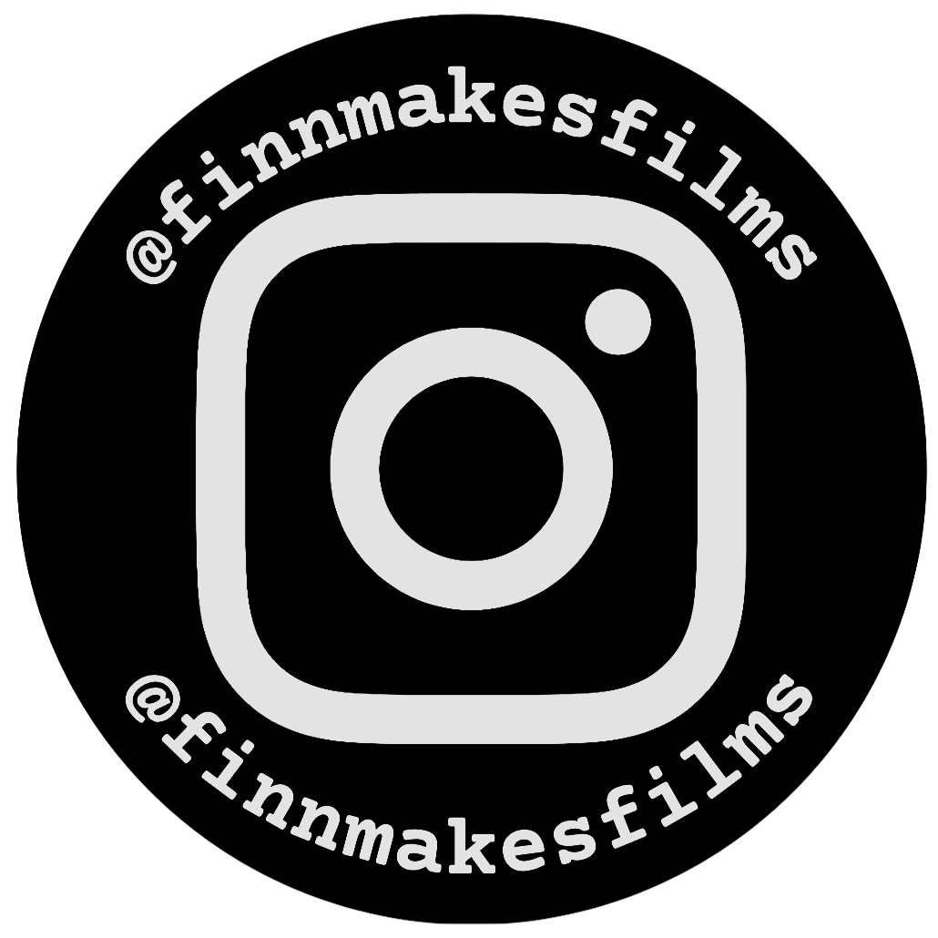 Black and white Instagram logo with the username @finmakesfilms surrounding it in a circular pattern.