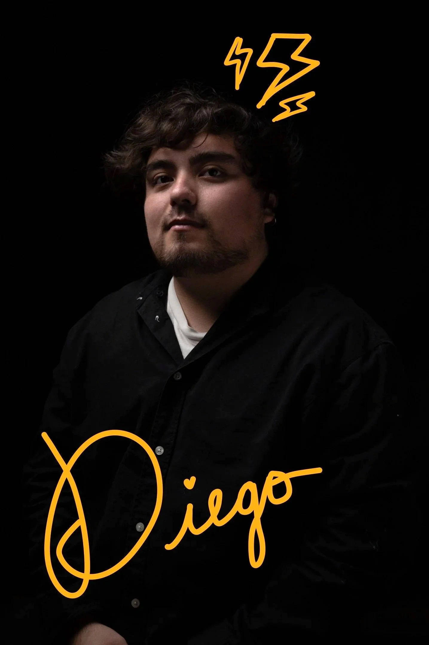 Portrait of a young man with curly hair, wearing a black shirt with a white undershirt, with digital orange graffiti writing and lightning bolt symbols around his head on a black background.