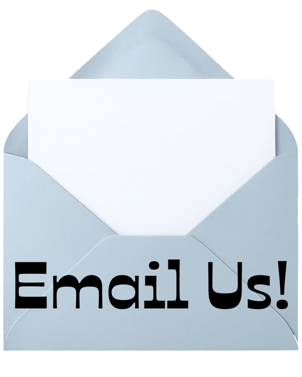 Open light blue envelope with white card inside, displaying the text 'Email Us!'