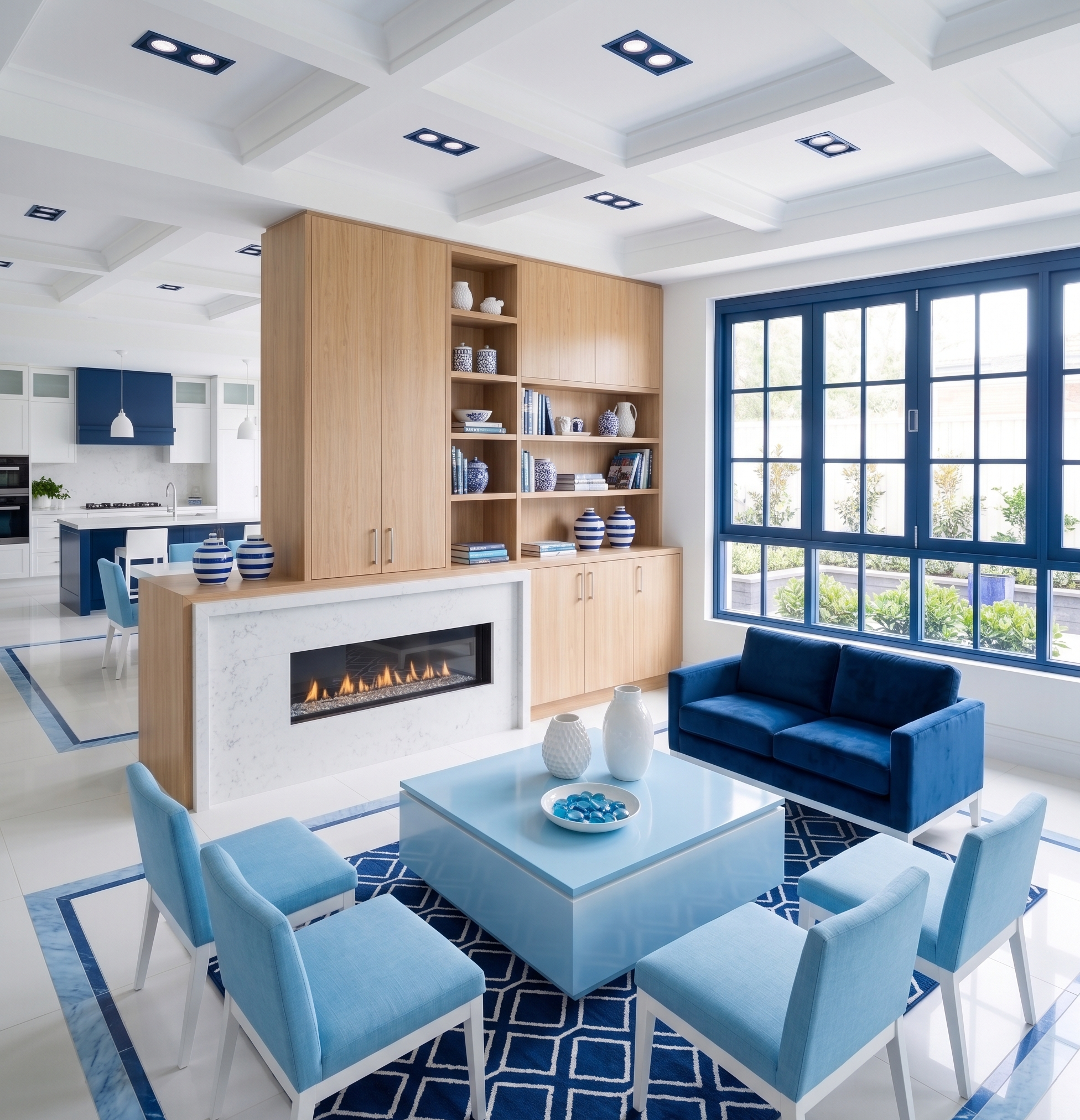 Bright living room with a blue sofa, white coffee table, and blue and white decor, featuring a large window, a wooden bookshelf with ceramics and books, and a modern fireplace.