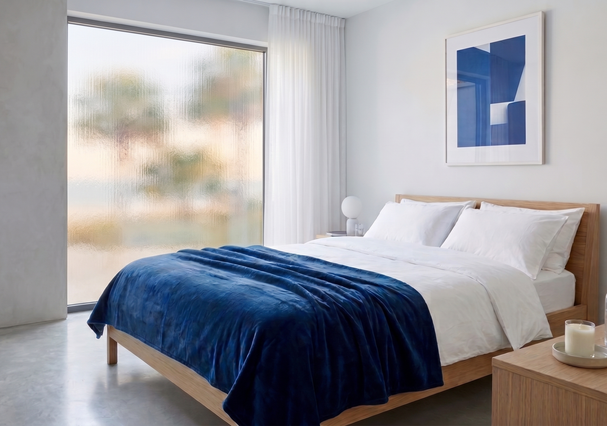 A bedroom with a wooden bed frame, white bedding, and a blue blanket. A round white table lamp sits on a bedside table with books and candles. A large window with frosted glass and white curtains is on the wall, and a framed abstract blue artwork hangs above the bed.