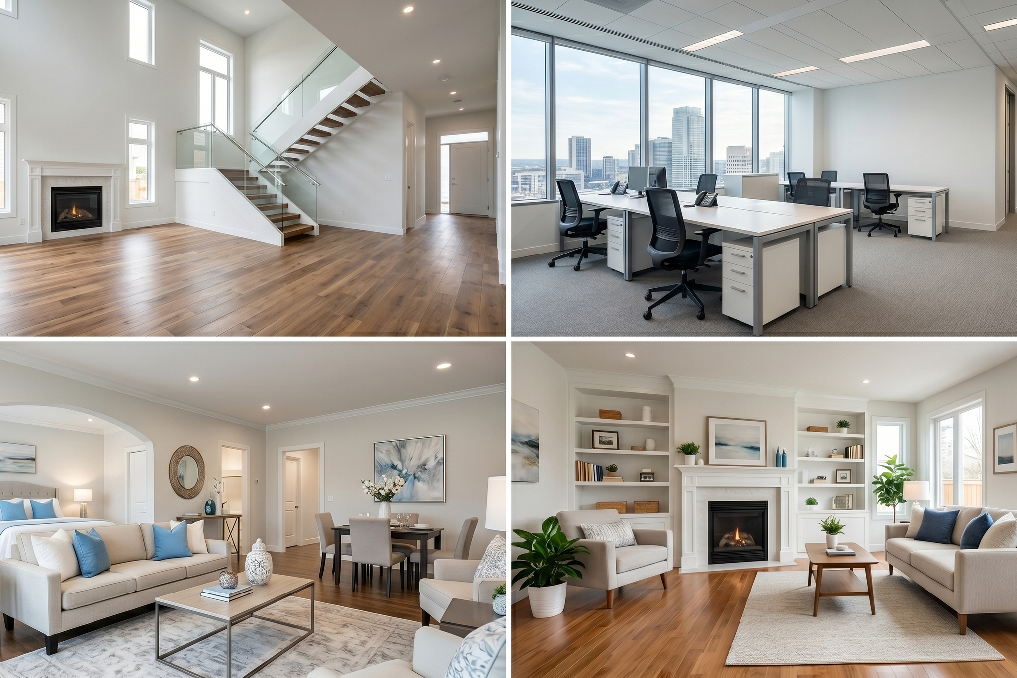 Collage of four images showing modern interior spaces, including a living room with a fireplace and wooden flooring, an office with large windows and city view, a bedroom with artwork and natural light, and a living room with a fireplace and armchair.