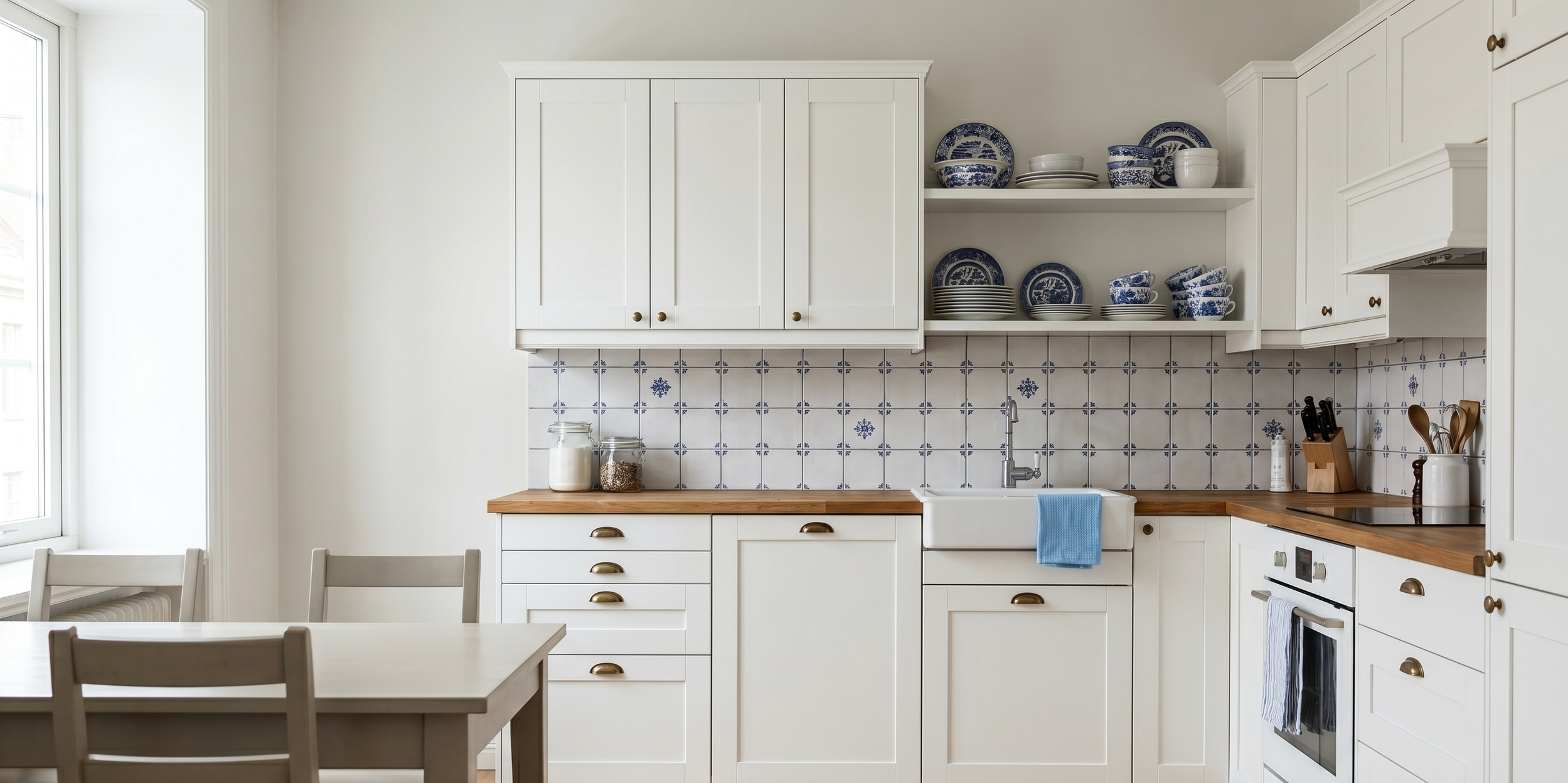 A bright kitchen with white cabinets, open shelves with blue and white dishes, a window, wooden countertop, and a white farmhouse sink.