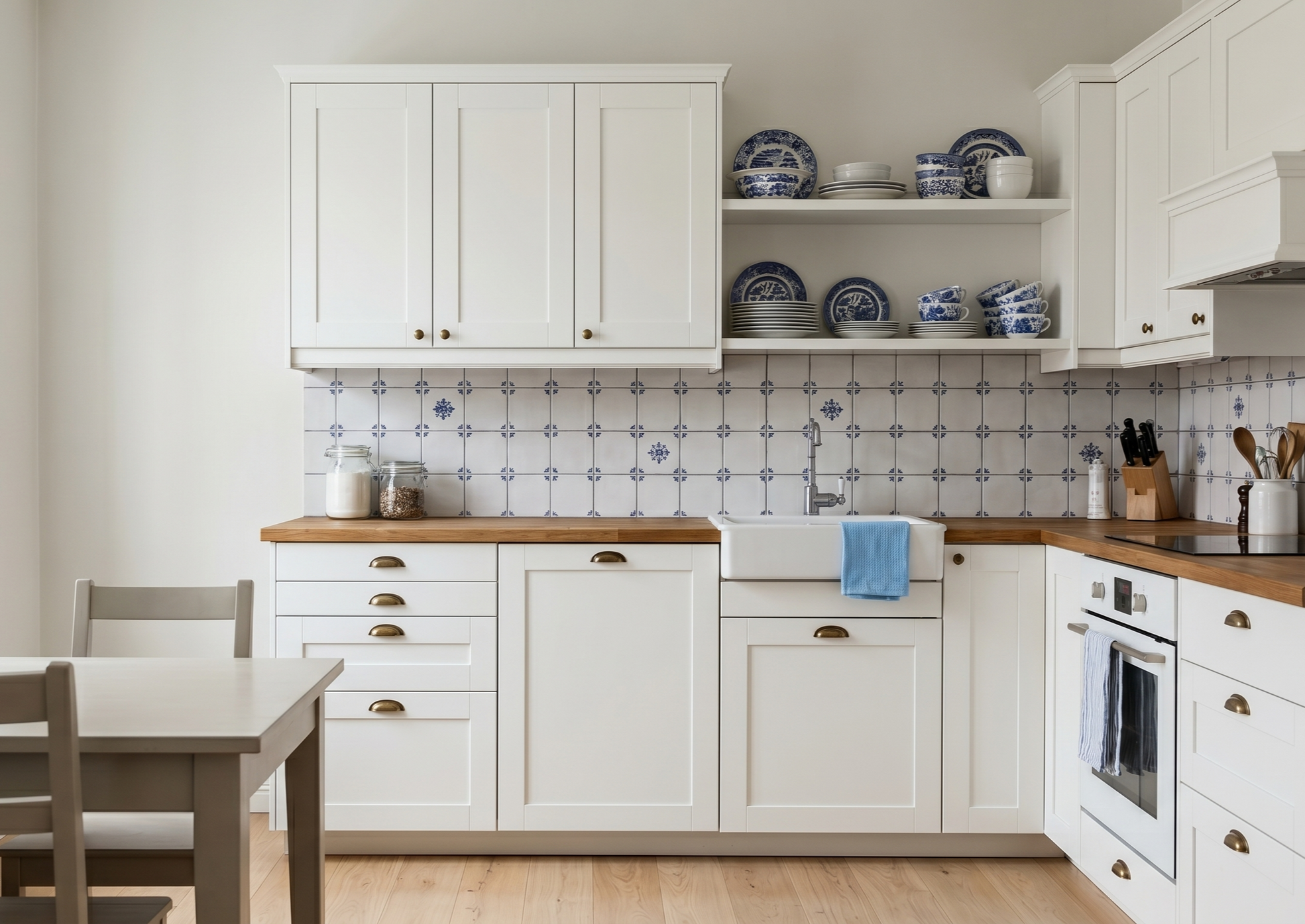 White kitchen with upper cabinets, open shelves displaying blue and white dishes, a tiled backsplash with blue patterns, a wooden countertop, and a white sink with a blue dish towel.