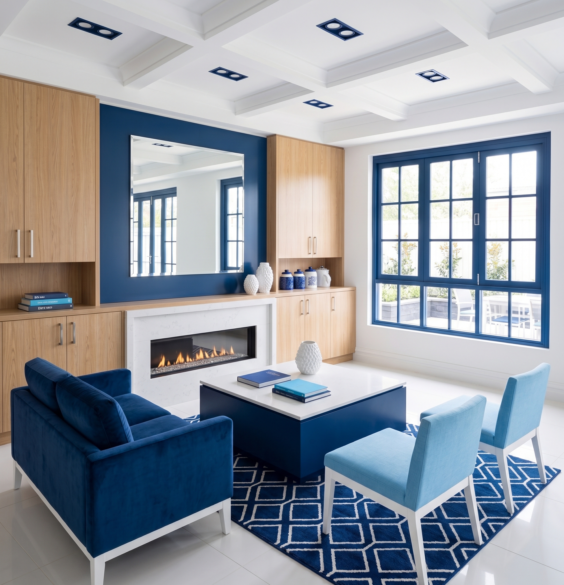 Modern living room with white walls, large windows with blue frames, a white fireplace, and a blue rug with geometric patterns. There are blue and light blue chairs, a white coffee table with books, and decorative vases on a built-in wooden shelf.