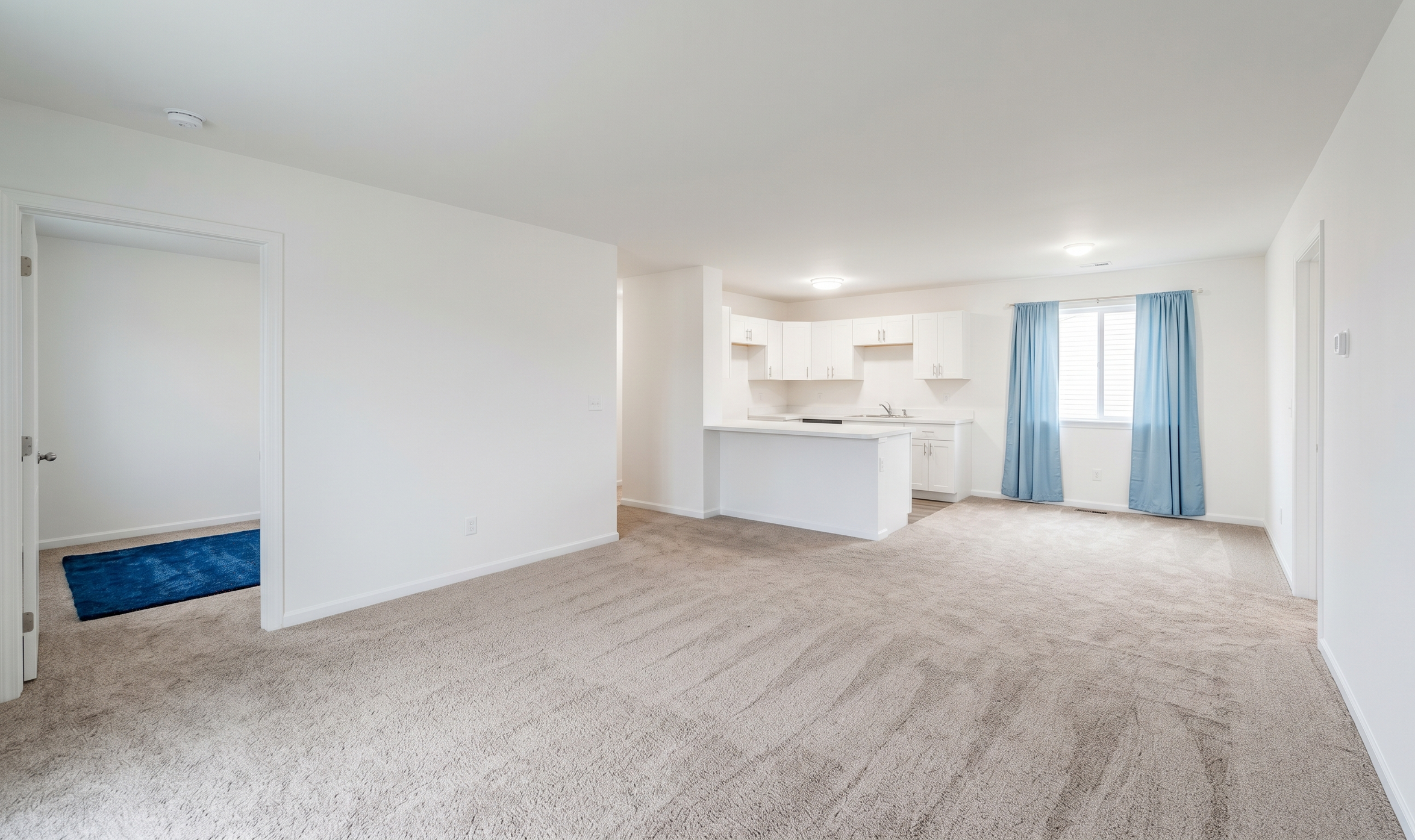 Empty living room and kitchen area with beige carpet, white walls, and blue curtains on window.