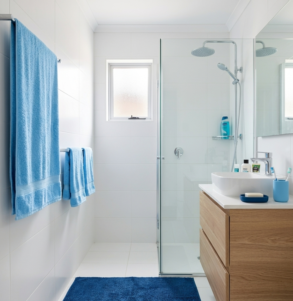 Modern bathroom with white tiles, wooden vanity, blue towels, and a glass shower enclosure, illuminated by natural light through a small window.