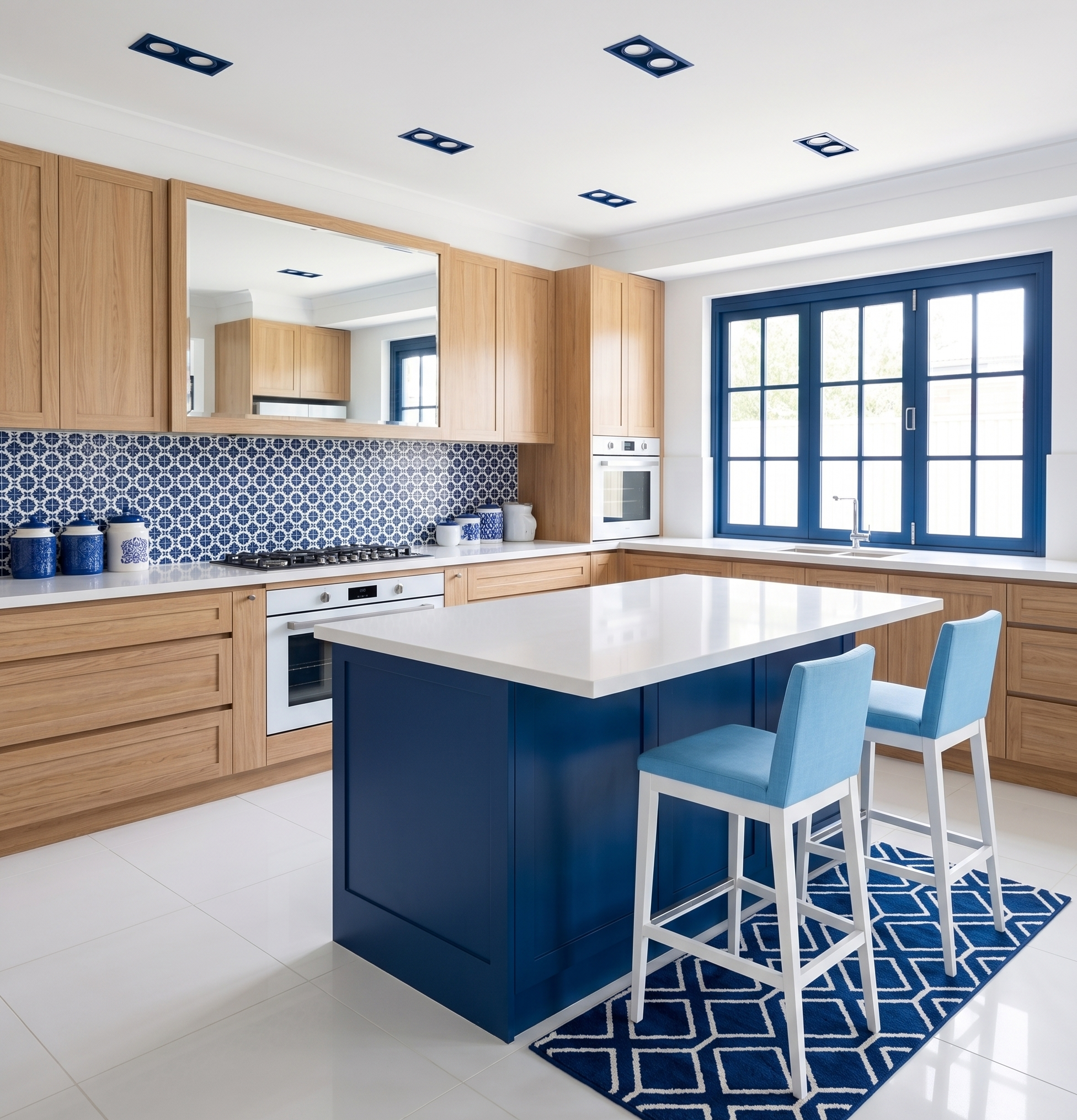 Modern kitchen with white island, blue cabinets, wooden upper cabinets, patterned blue and white backsplash, blue-trimmed window, and light blue chairs.
