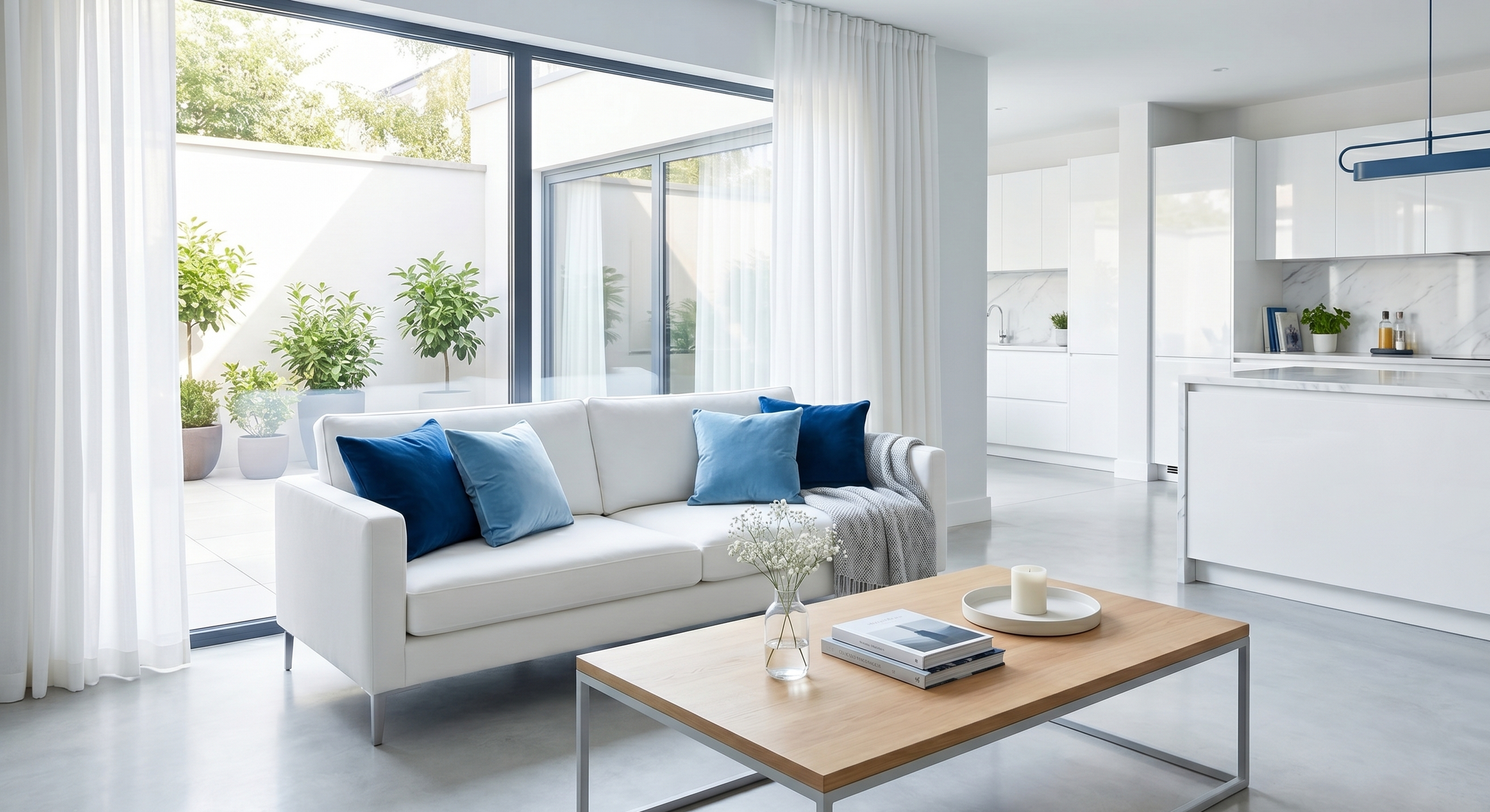 Modern living room with white sofa and blue pillows, wooden coffee table with books and candles, large glass windows with white curtains, and a view of potted plants outside.