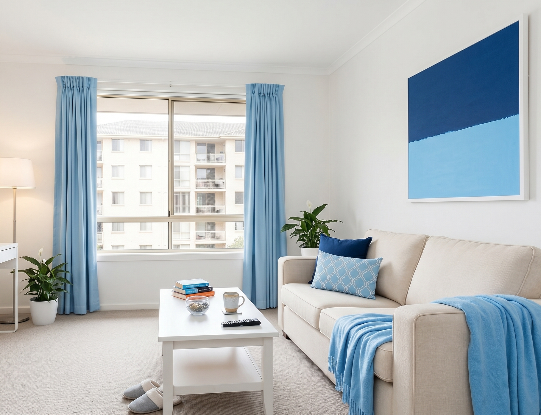 Living room with beige sofa, blue throw blanket, blue and patterned pillows, white coffee table with books, remote, mug, bowl, slippers, large window with blue curtains, potted plant, wall art, and a tall floor lamp.