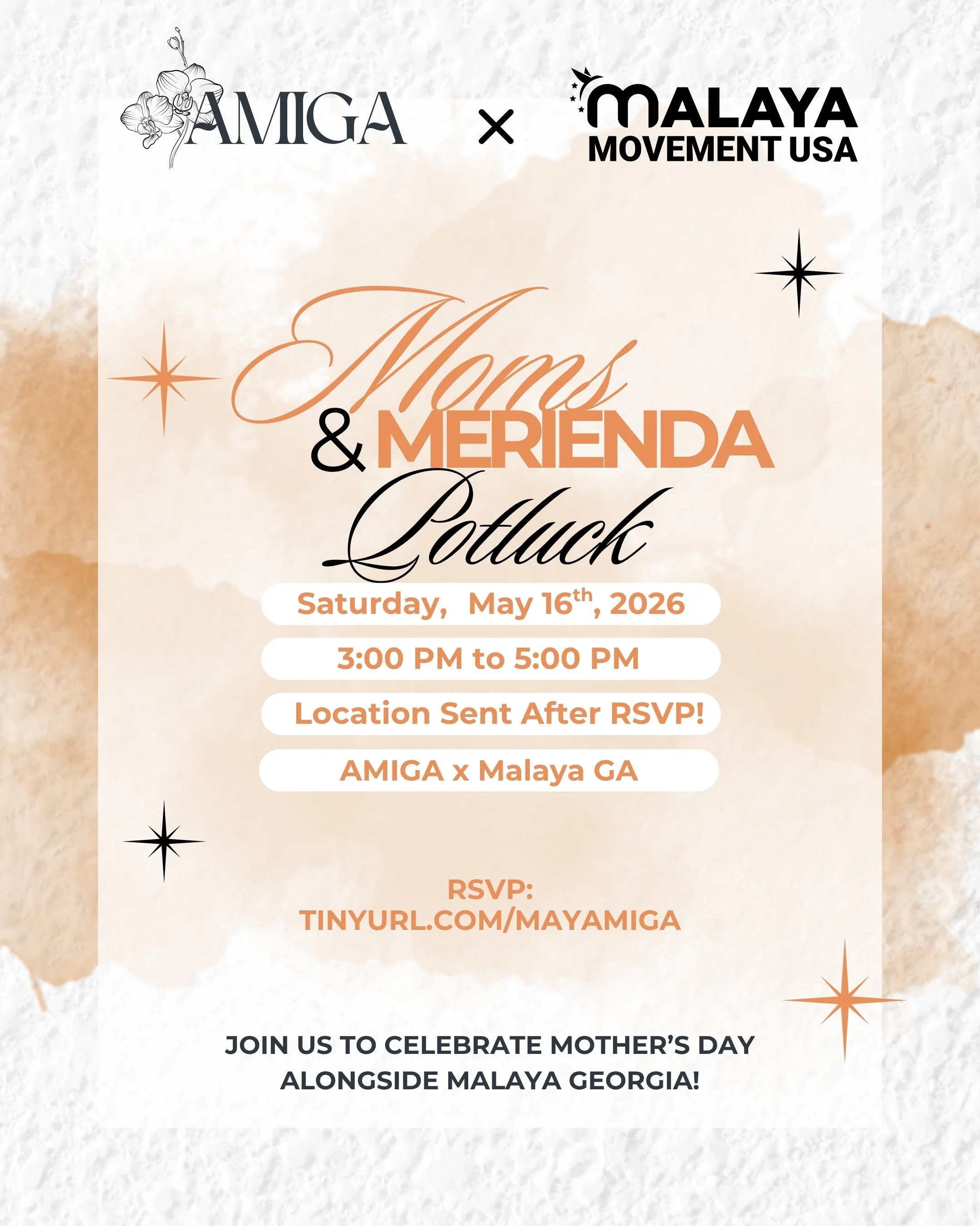 Event poster with floral and star motifs announcing a Mother's Day celebration, involving a collaboration between Amiga and Malaya Movement USA, scheduled for Saturday, May 16, 2026, from 3:00 PM to 5:00 PM in Malaya Georgia, with RSVP details.