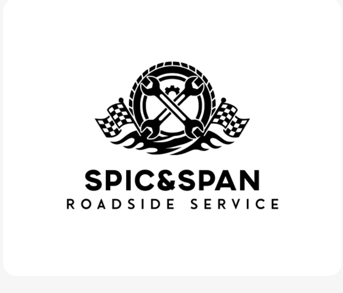 Logo for Spic & Span Roadside Service featuring crossed wrenches, checkered flags, and a gear, with the brand name and service description underneath.