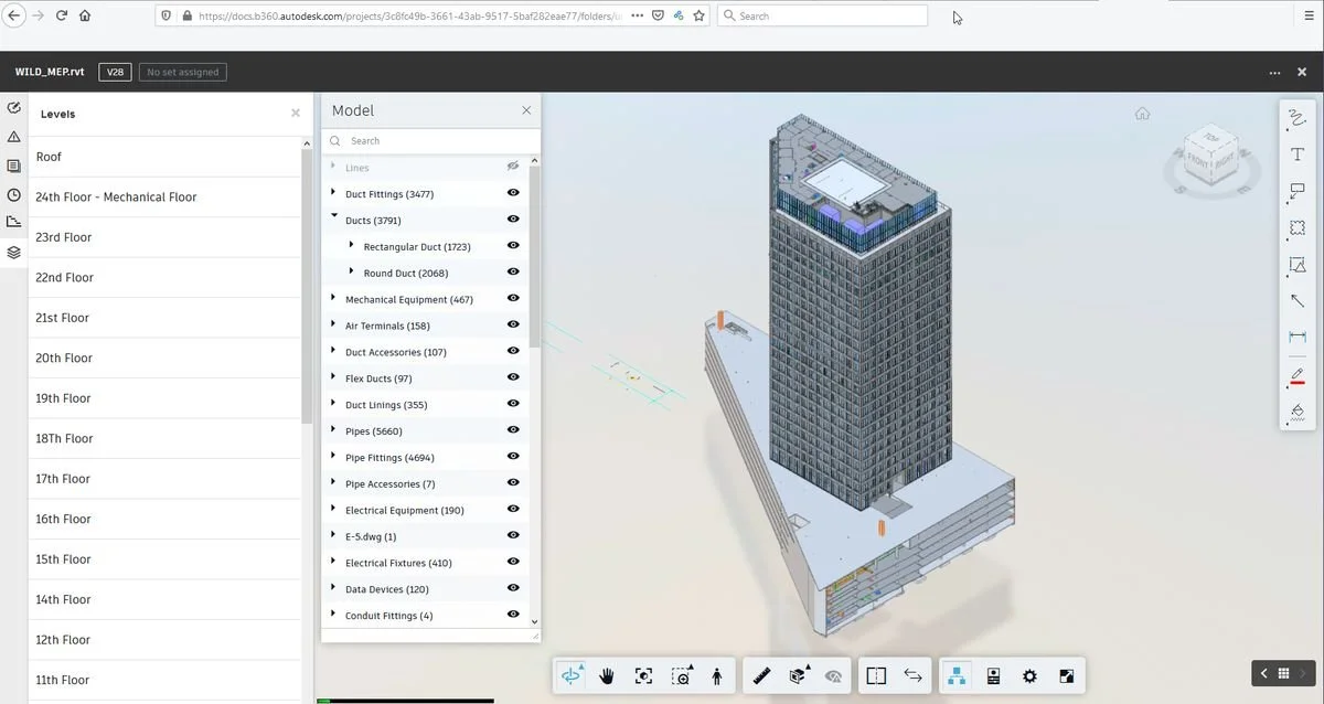 Modelo 3D de un edificio alto con detalles de sistemas de conductos y equipos en un software de diseño arquitectónico.