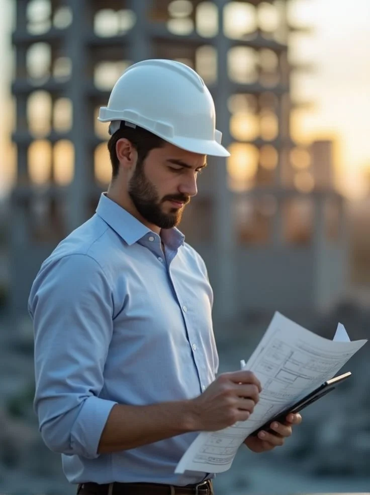 Un hombre con casco de seguridad y camisa azul revisando planos en un sitio de construcción al atardecer.