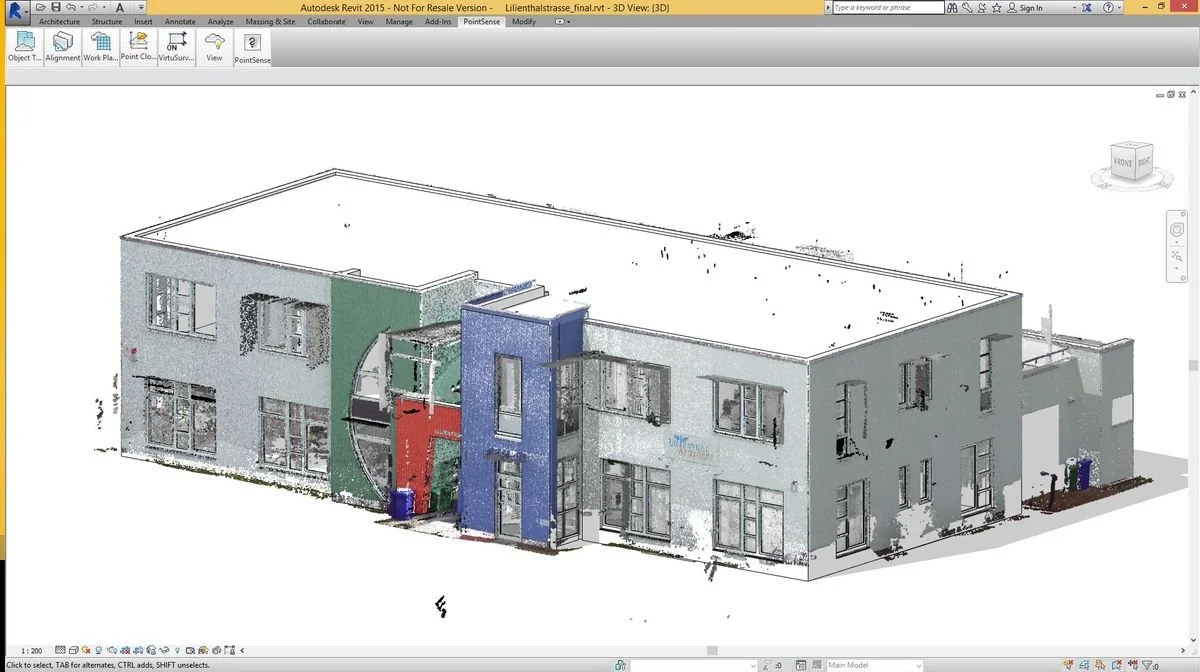 Modelo en 3D de un edificio de apartamentos con diferentes colores en la fachada, en un software de diseño arquitectónico.