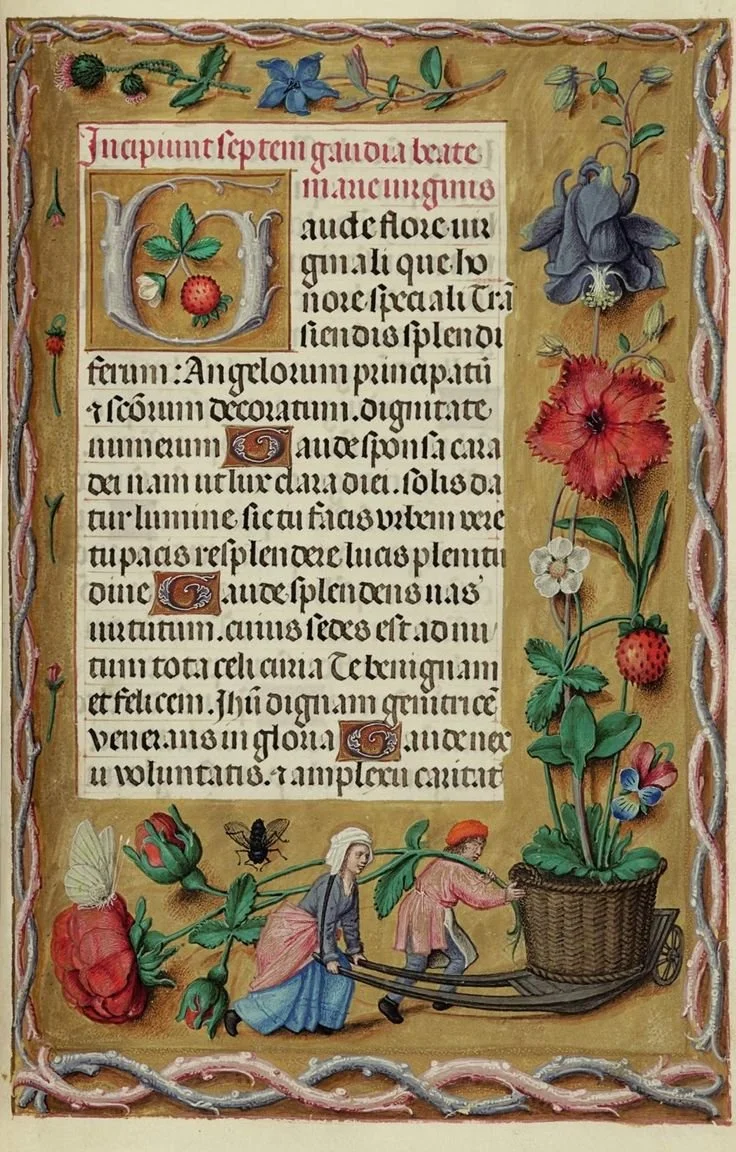 Decorative illuminated manuscript page with a floral border, showing various flowers and a scene at the bottom where a woman and a child are pushing a cart filled with a large flower pot. The text is in Latin.