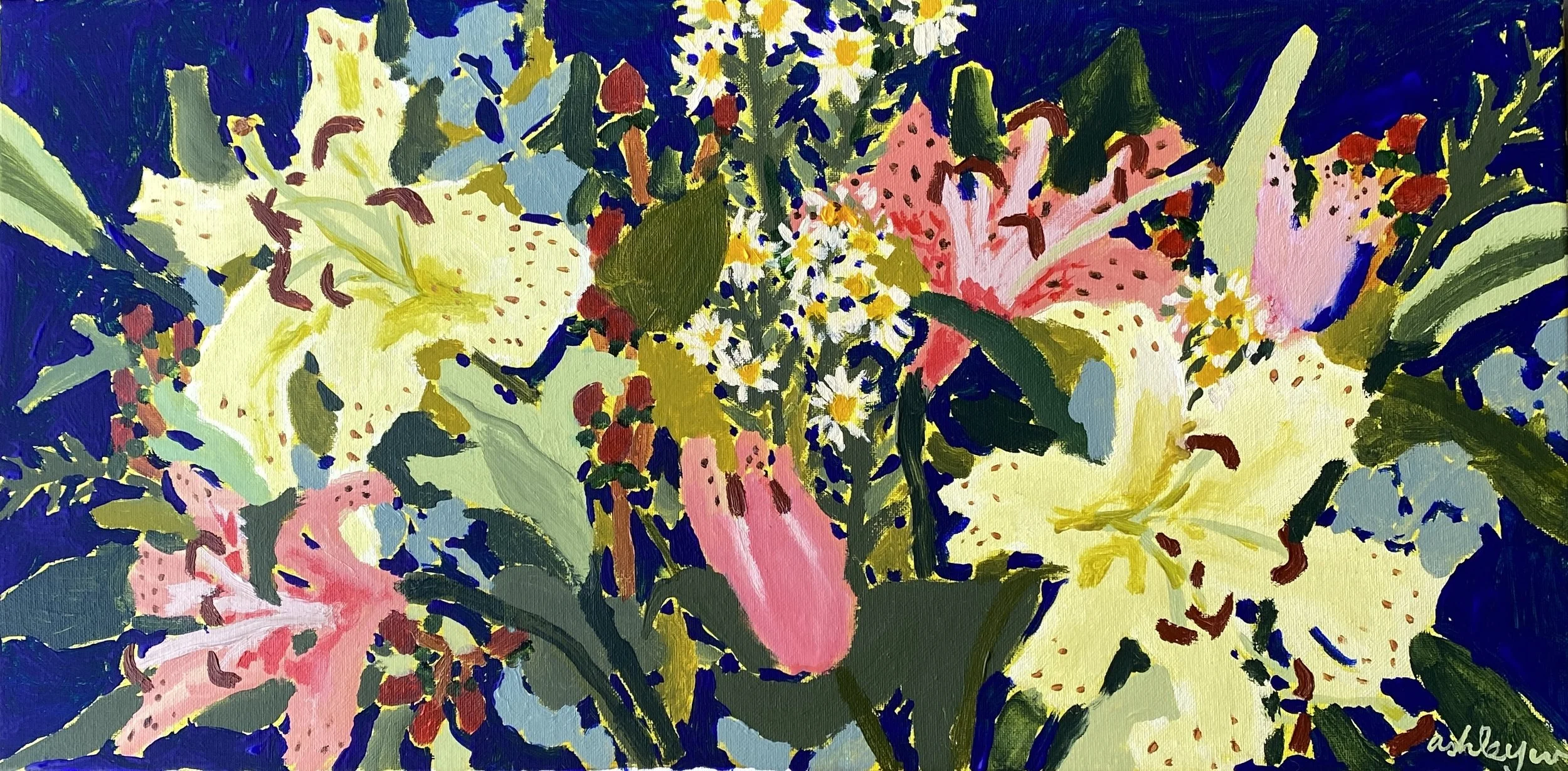 "Singing Lilies"
01-06-2026
Acrylic on canvas 
12"x24"