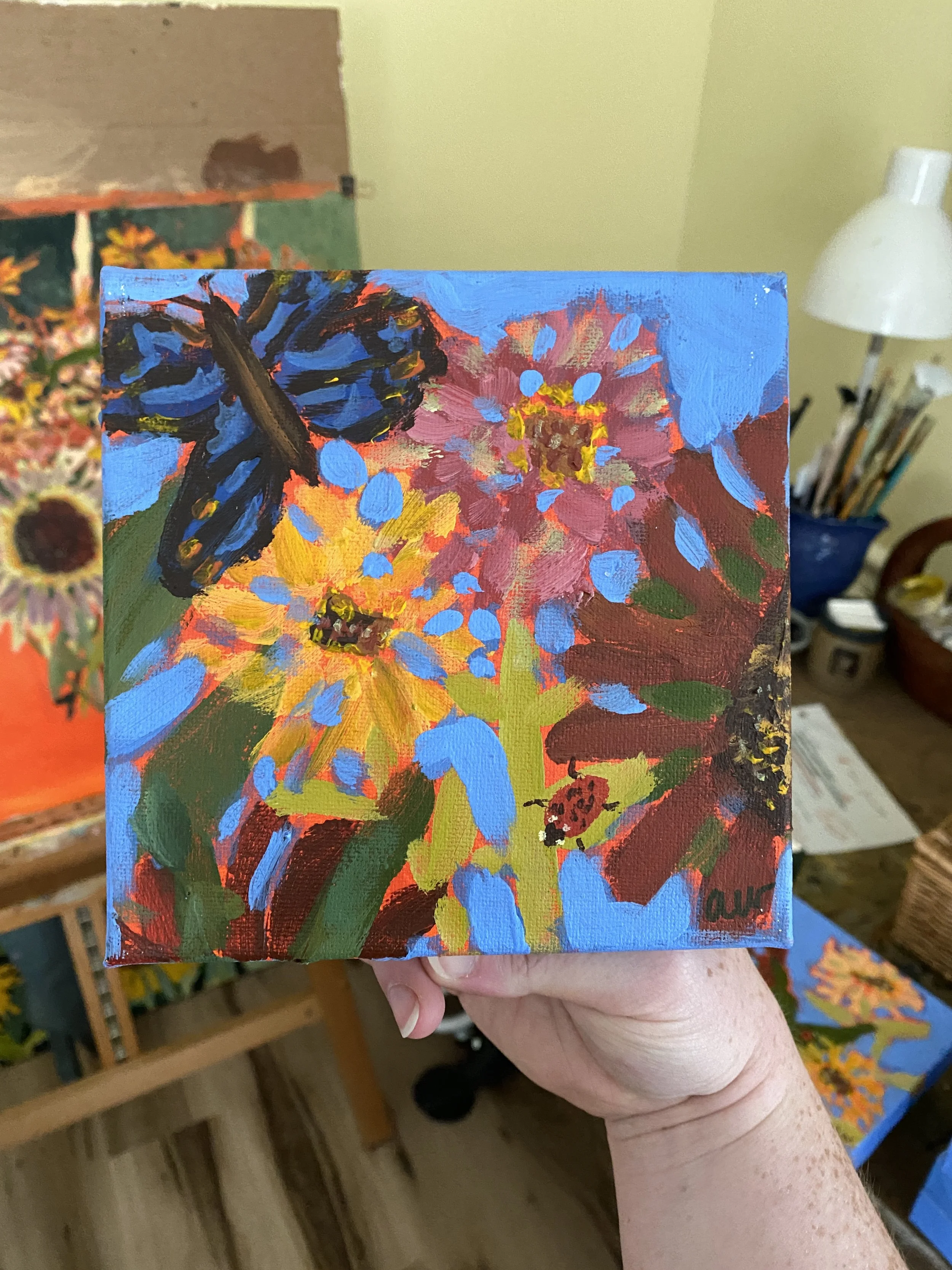 "Zinnias and Blue Butterfly" |  7-27-2026 | Acrylic | 6"x6"