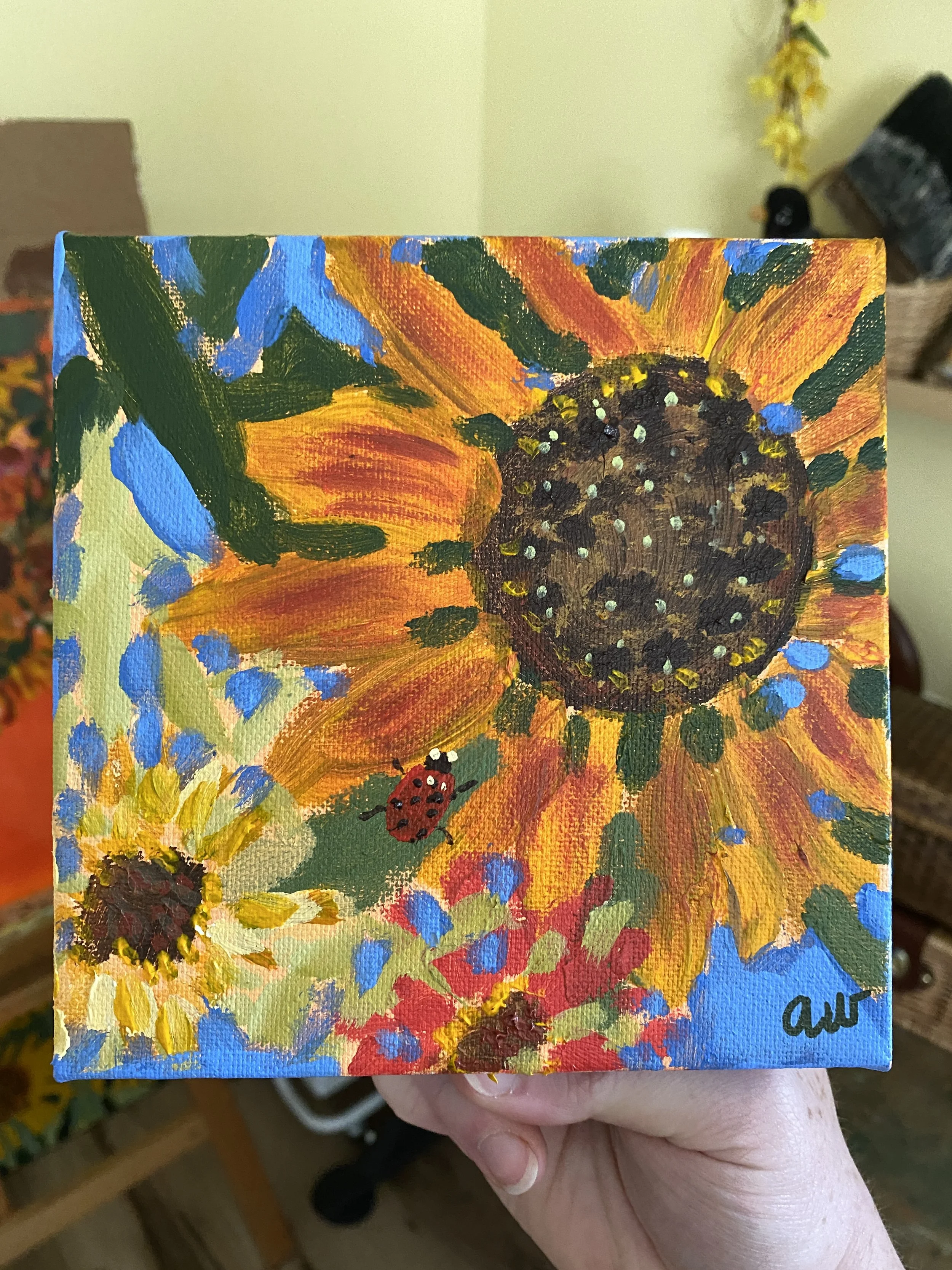 "Little Lady and Big Sunflower" | 7-27-2026 | Acrylic | 6"x6"
