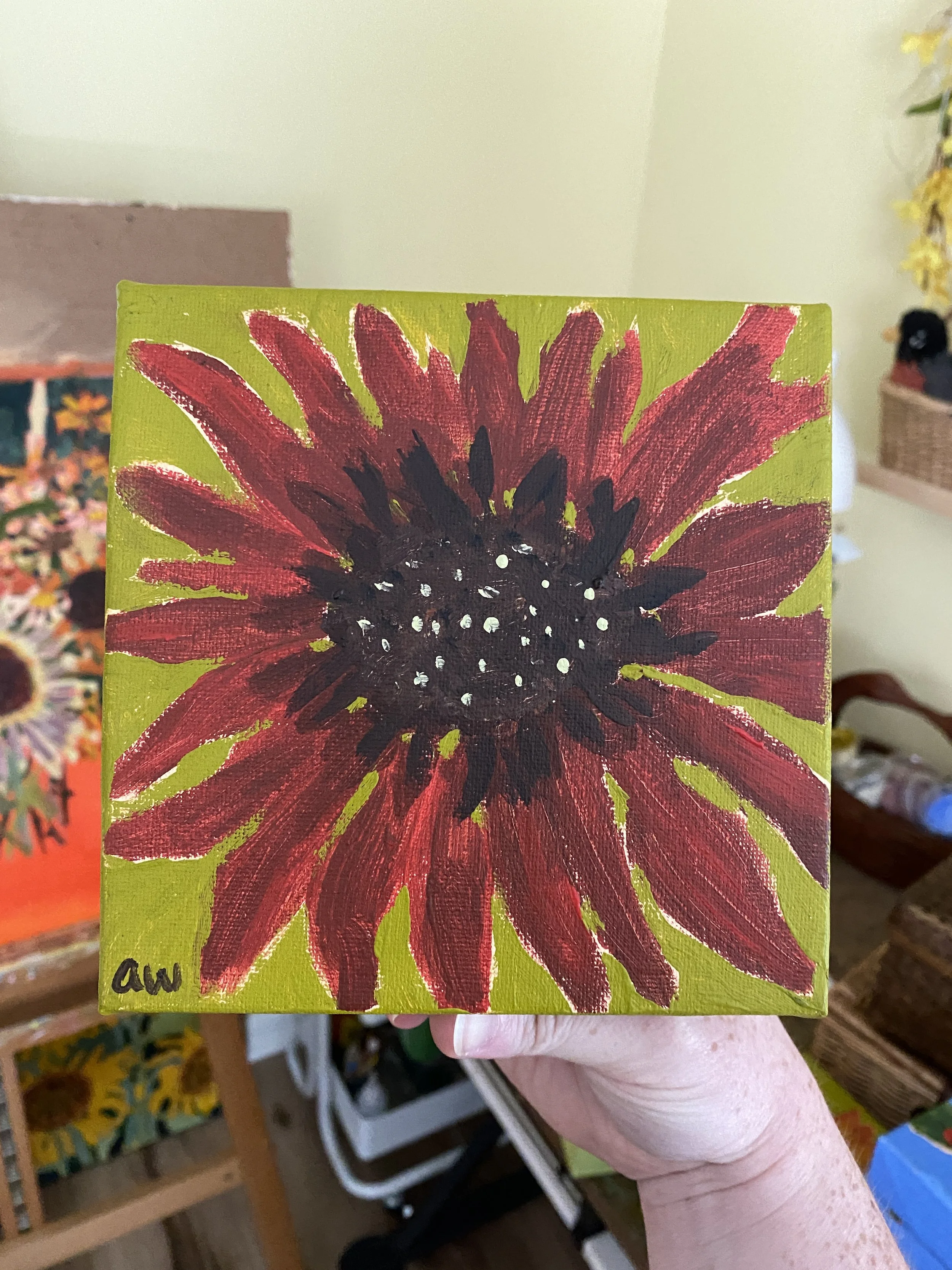 "Chocolate Cherry Sunflower" | July 2026 | Acrylic | 6"x6"