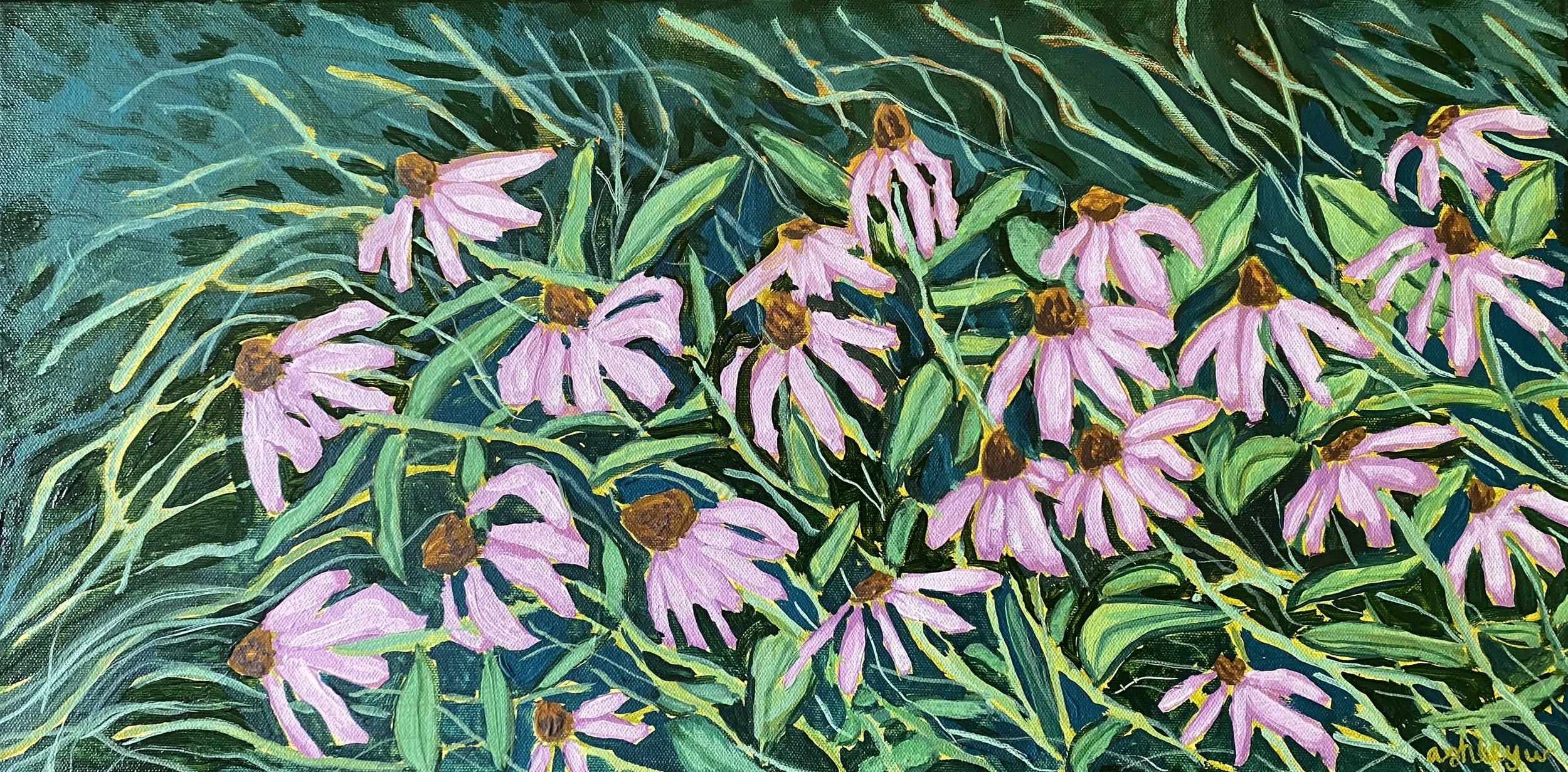 "Purple Coneflowers" 
08-20-2024
Acrylic on canvas (gouache) 
12"x24"