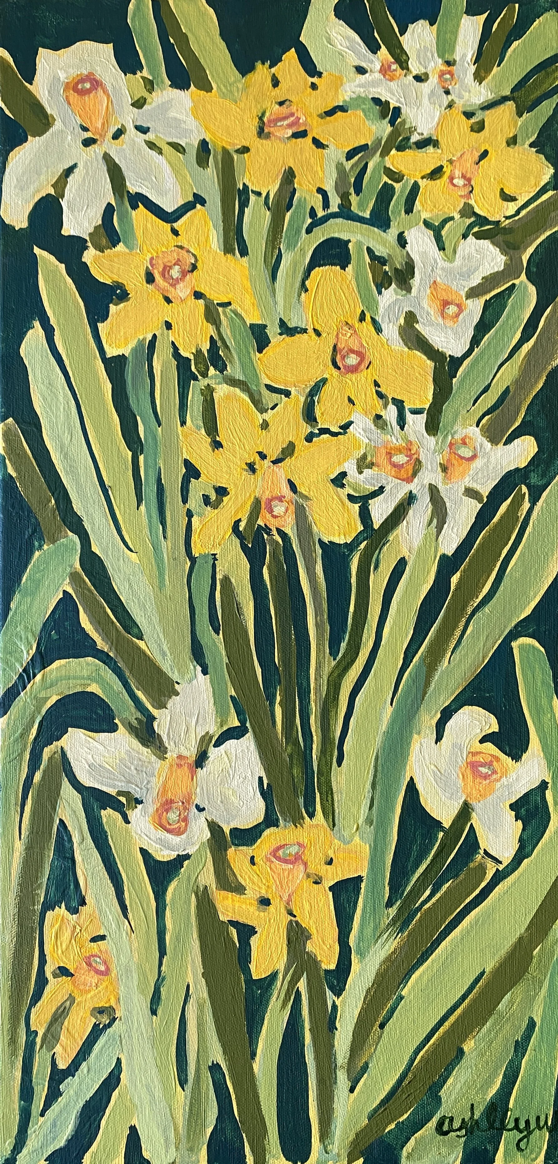 "March Daffodils" 
03-08-2025
Acrylic on canvas 
24"x12"