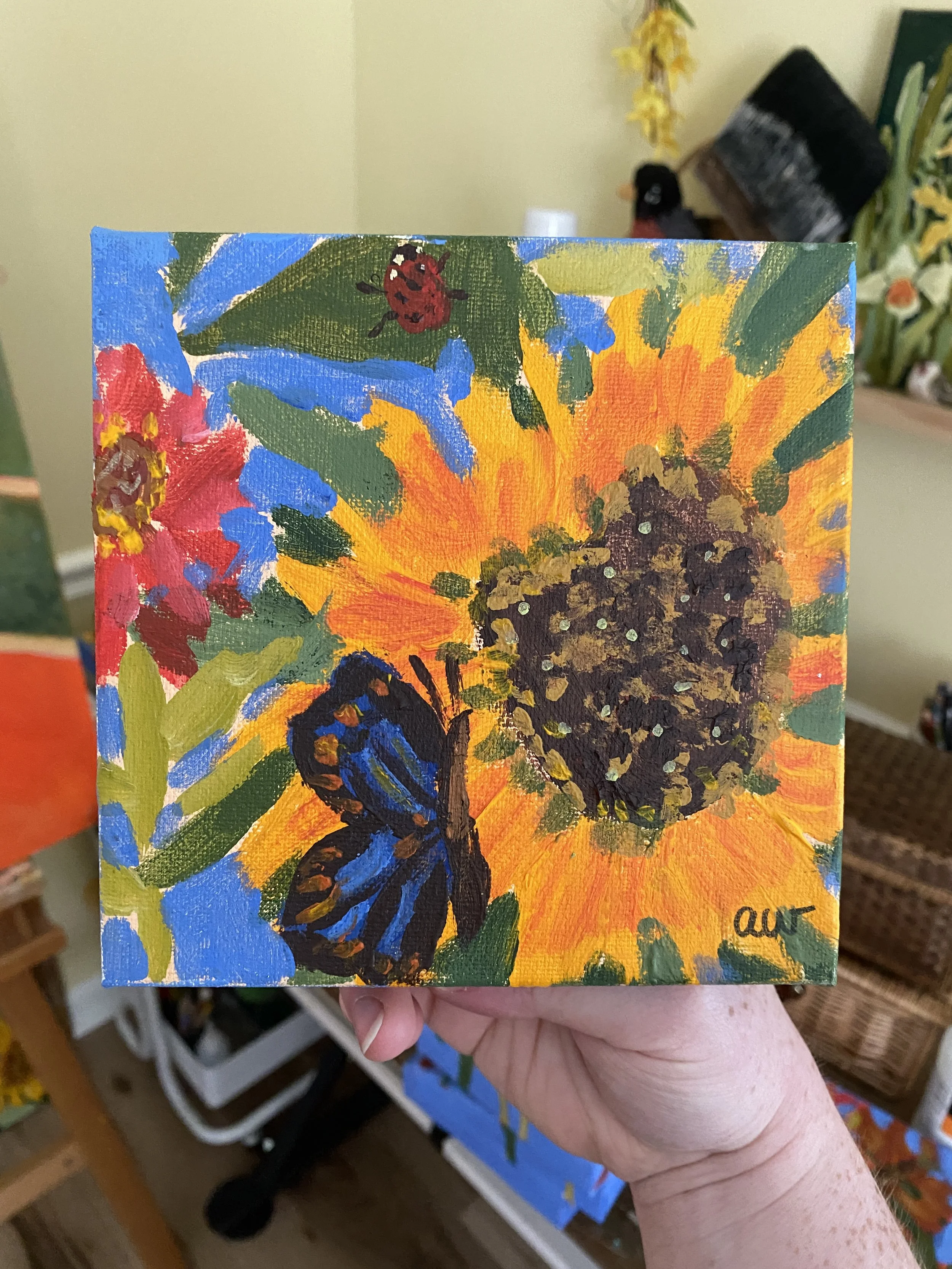 "Blue Butterfly and Sunflower" |  7-27-2026 | Acrylic | 6"x6"